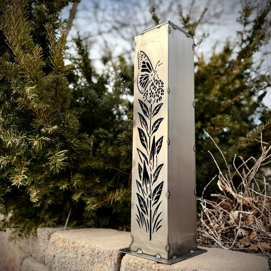 Monarch Meadow Solar Luminary Pillar - Steel - butterfly garden art - butterfly pillar - Northern Forge, LLC
