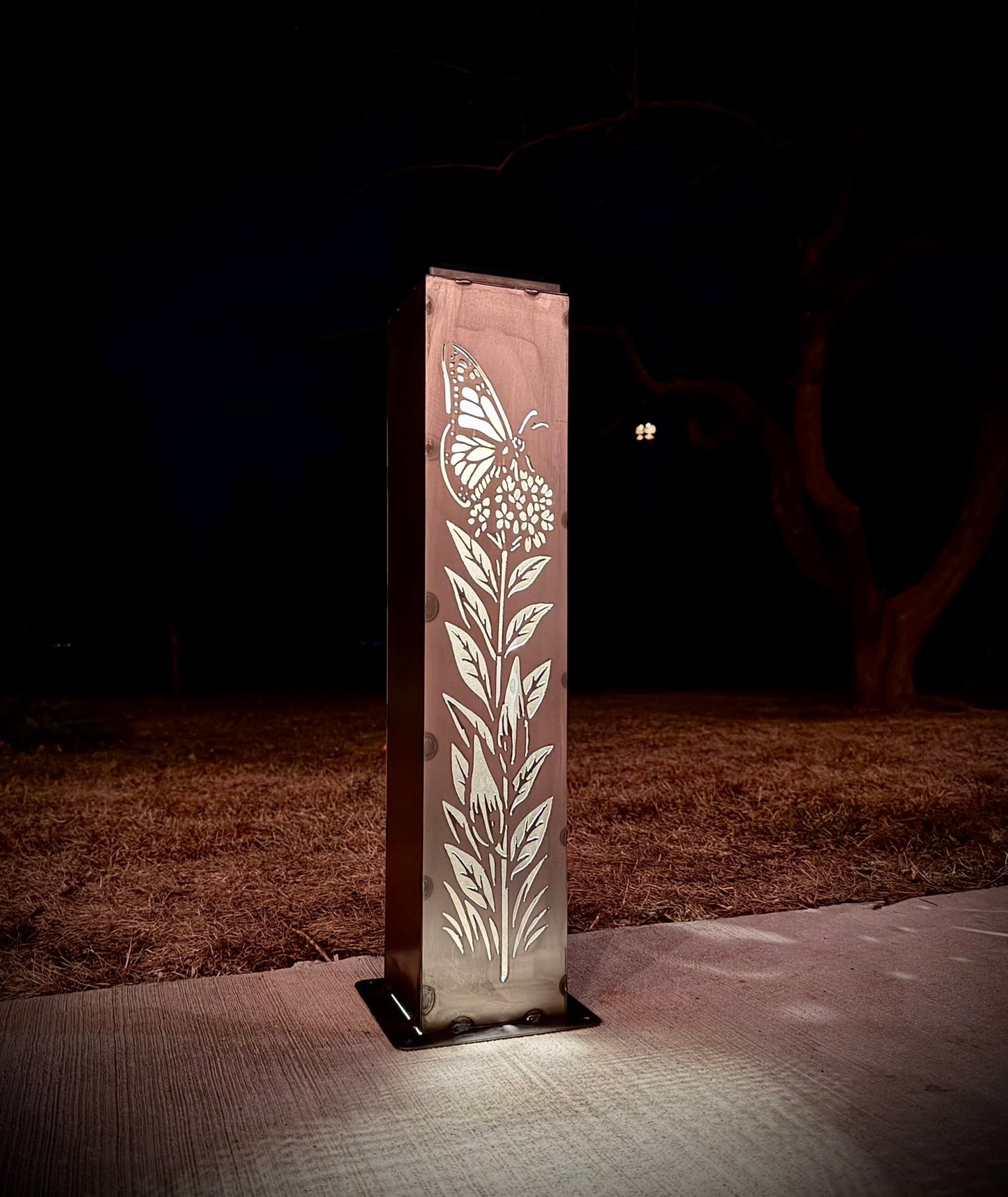 Monarch Meadow Solar Luminary Pillar - Steel - butterfly garden art - butterfly pillar - Northern Forge, LLC