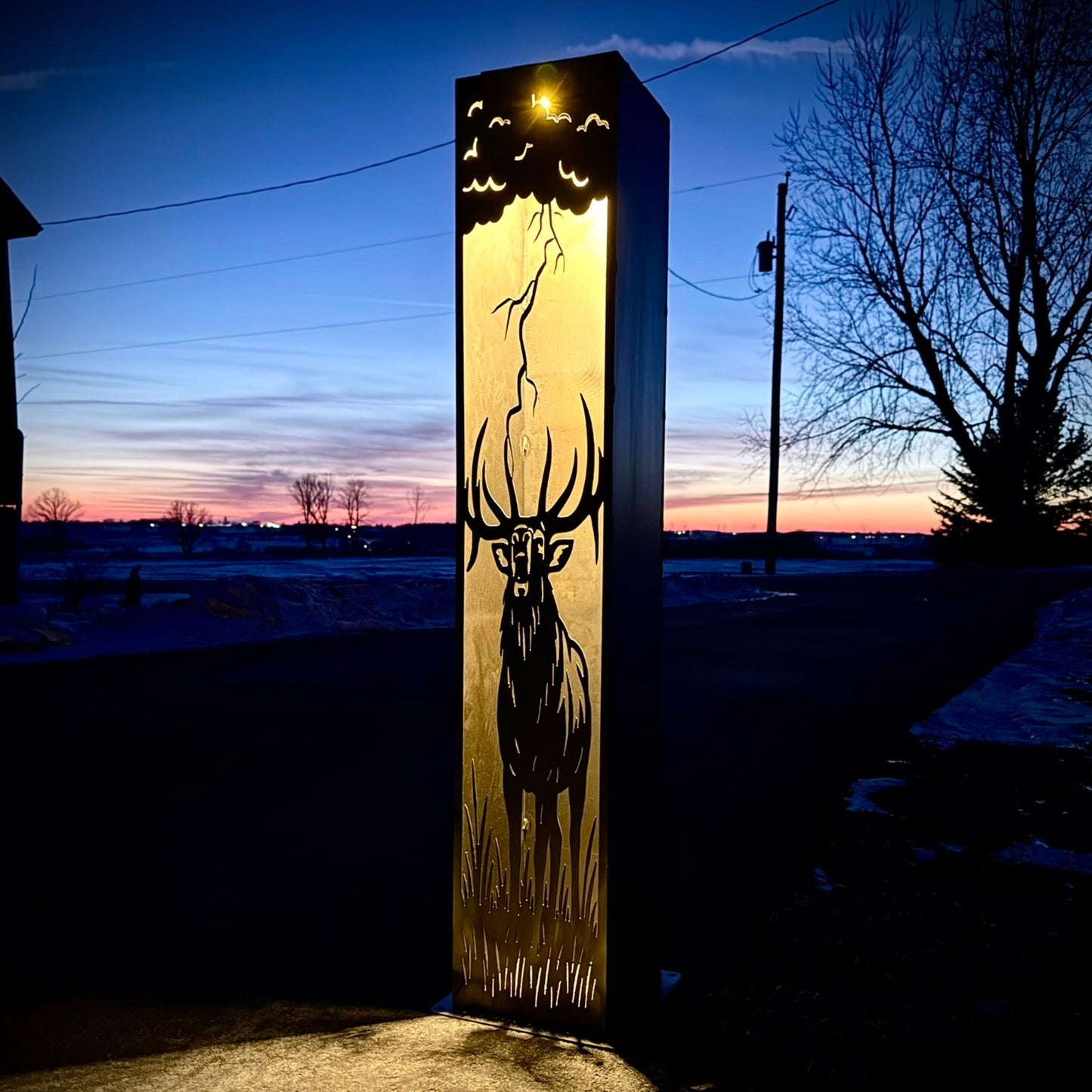 Monarch of the Storm Solar Pillar - Bull Elk - Steel - bugling elk art - bull elk pillar - Northern Forge, LLC