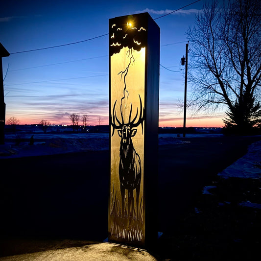 Monarch of the Storm Solar Pillar - Bull Elk - Steel - bugling elk art - bull elk pillar - Northern Forge, LLC