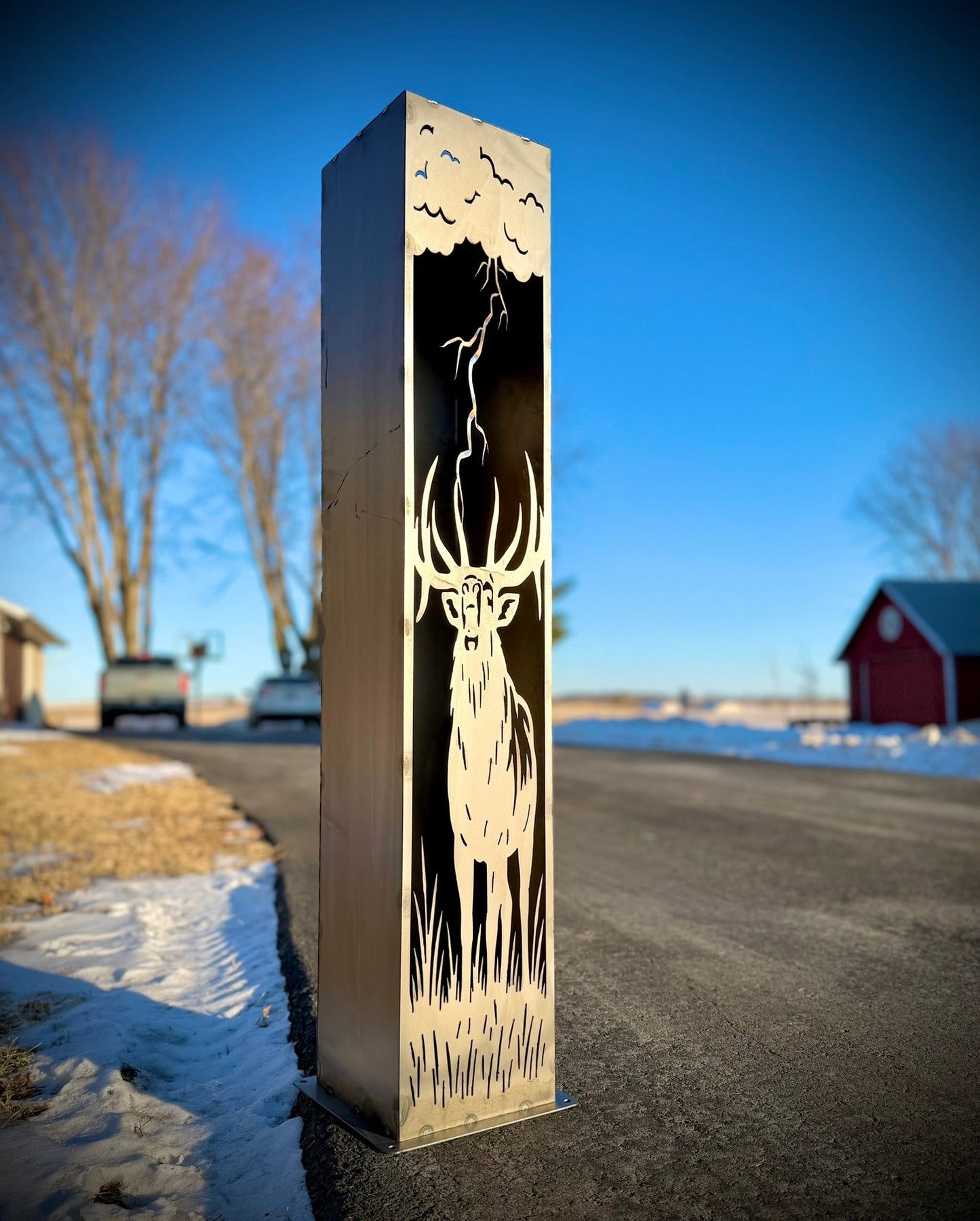 Monarch of the Storm Solar Pillar - Bull Elk - Steel - bugling elk art - bull elk pillar - Northern Forge, LLC