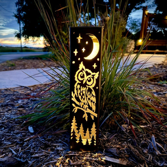 Night Owl Luminary Pillar w/ Solar Cap | Steel - bird solar light - birds metal light - Northern Forge, LLC