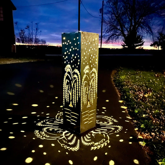 Nighttime Willow Tree Steel Luminary Pillar | Solar Light - garden light - garden lights - Northern Forge, LLC