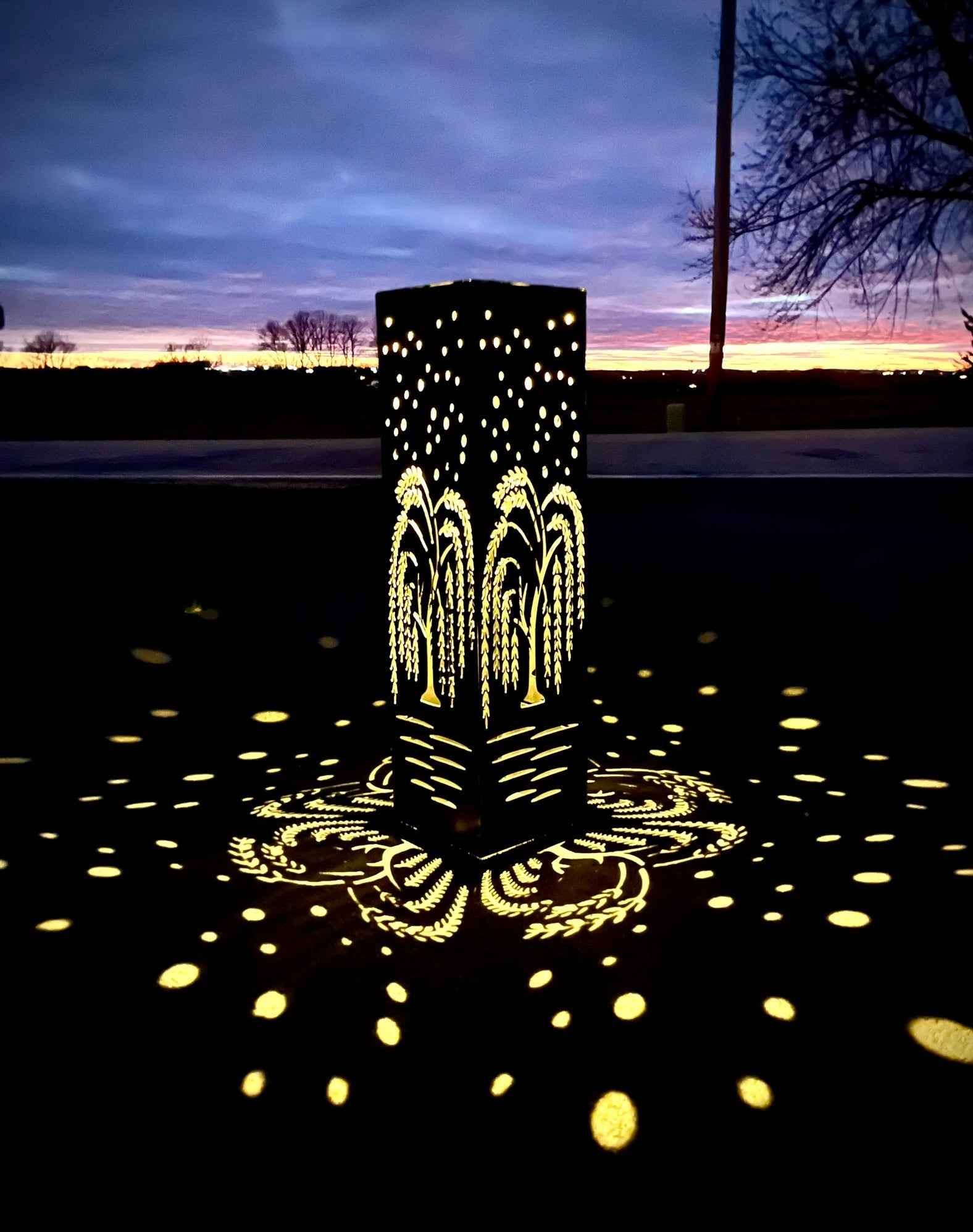 Nighttime Willow Tree Steel Luminary Pillar | Solar Light - garden light - garden lights - Northern Forge, LLC