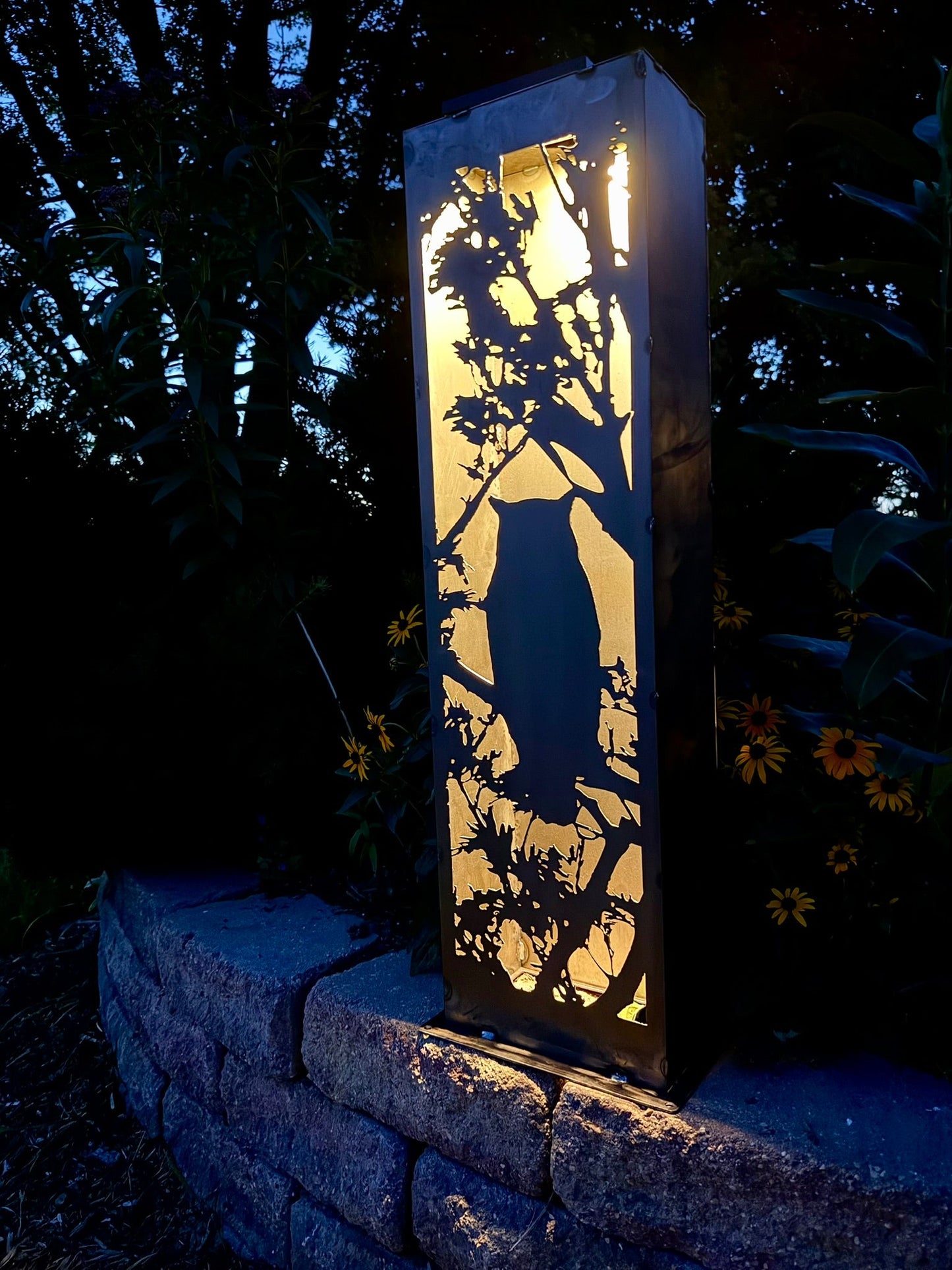 Owl in the Pines Steel Solar Luminary Pillar - birds & trees - cabin decor - Northern Forge, LLC