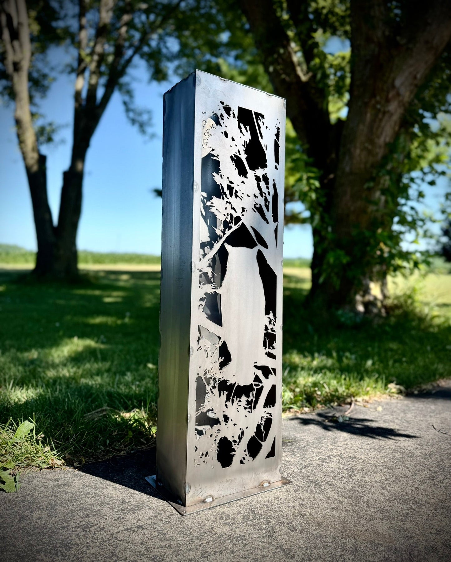 Owl in the Pines Steel Solar Luminary Pillar - birds & trees - cabin decor - Northern Forge, LLC
