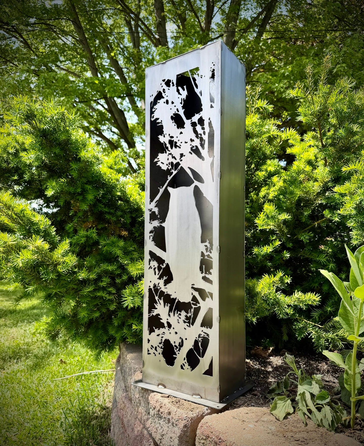 Owl in the Pines Steel Solar Luminary Pillar - birds & trees - cabin decor - Northern Forge, LLC