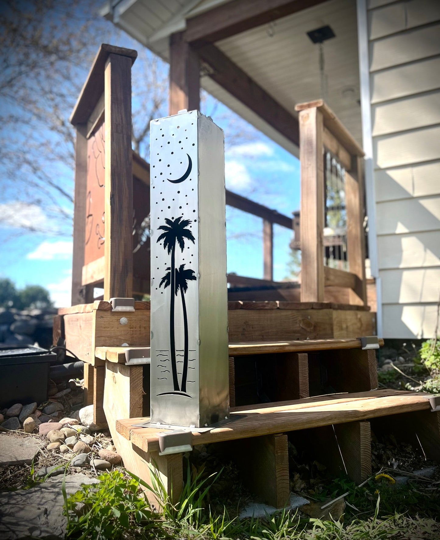 Palm Trees Under the Stars Luminary Pillars w/ Solar Cap | 12 - inch, 14 - inch, 16 - inch - florida metal art - Luminary tube - Northern Forge, LLC