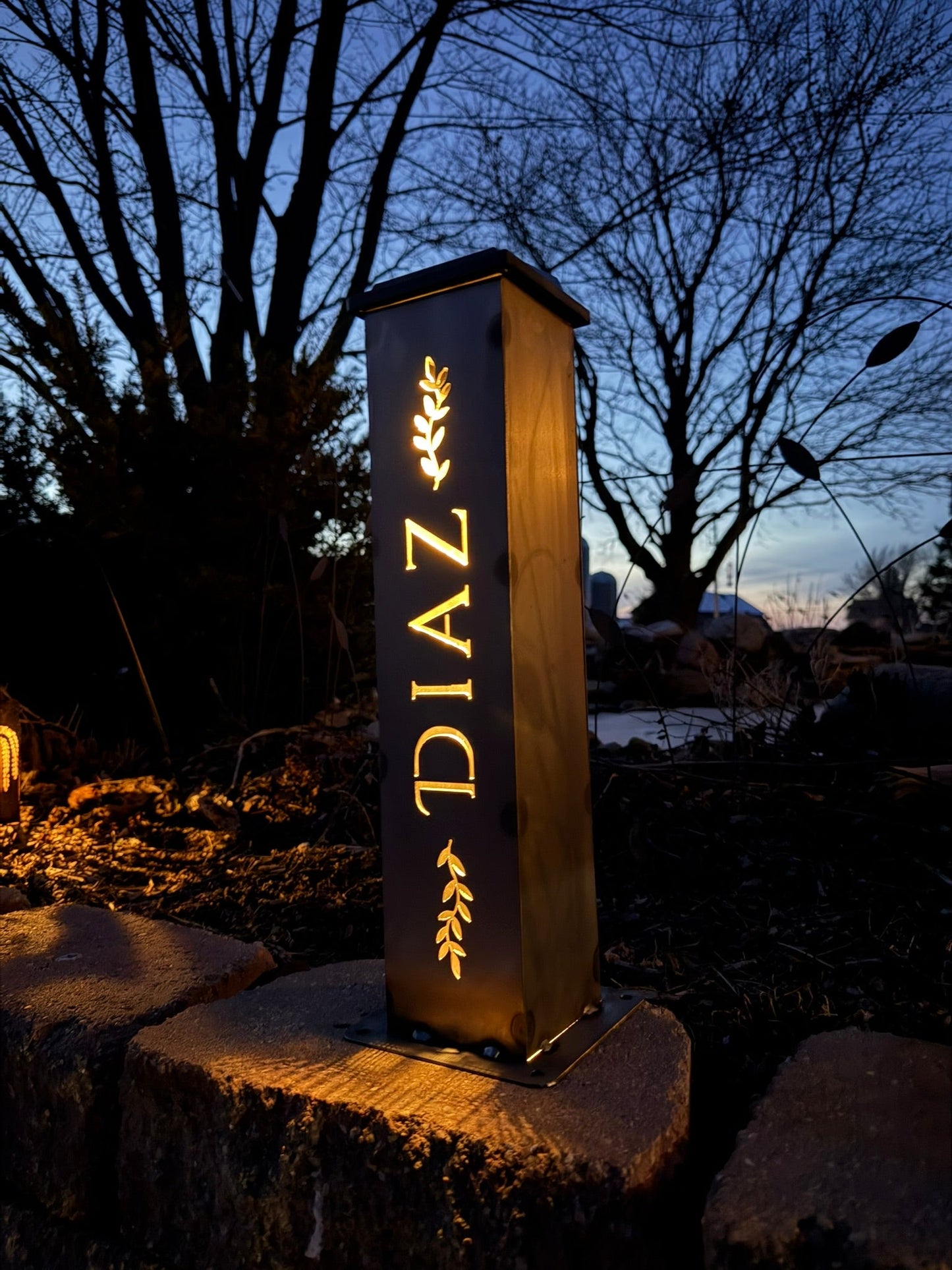 Personalized Vines Solar Pillar Light - Steel - address - address light - Northern Forge, LLC