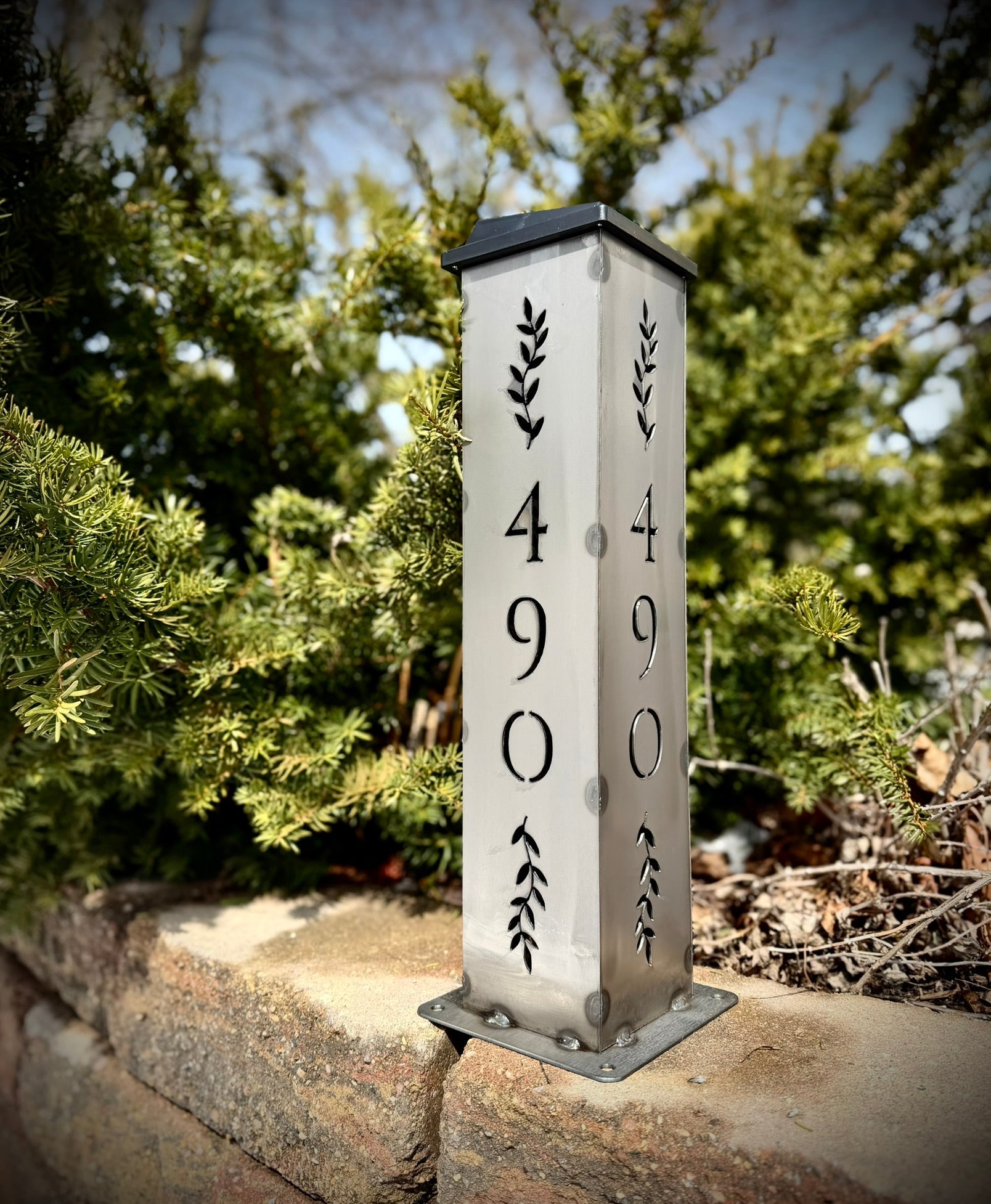 Personalized Vines Solar Pillar Light - Steel - address - address light - Northern Forge, LLC