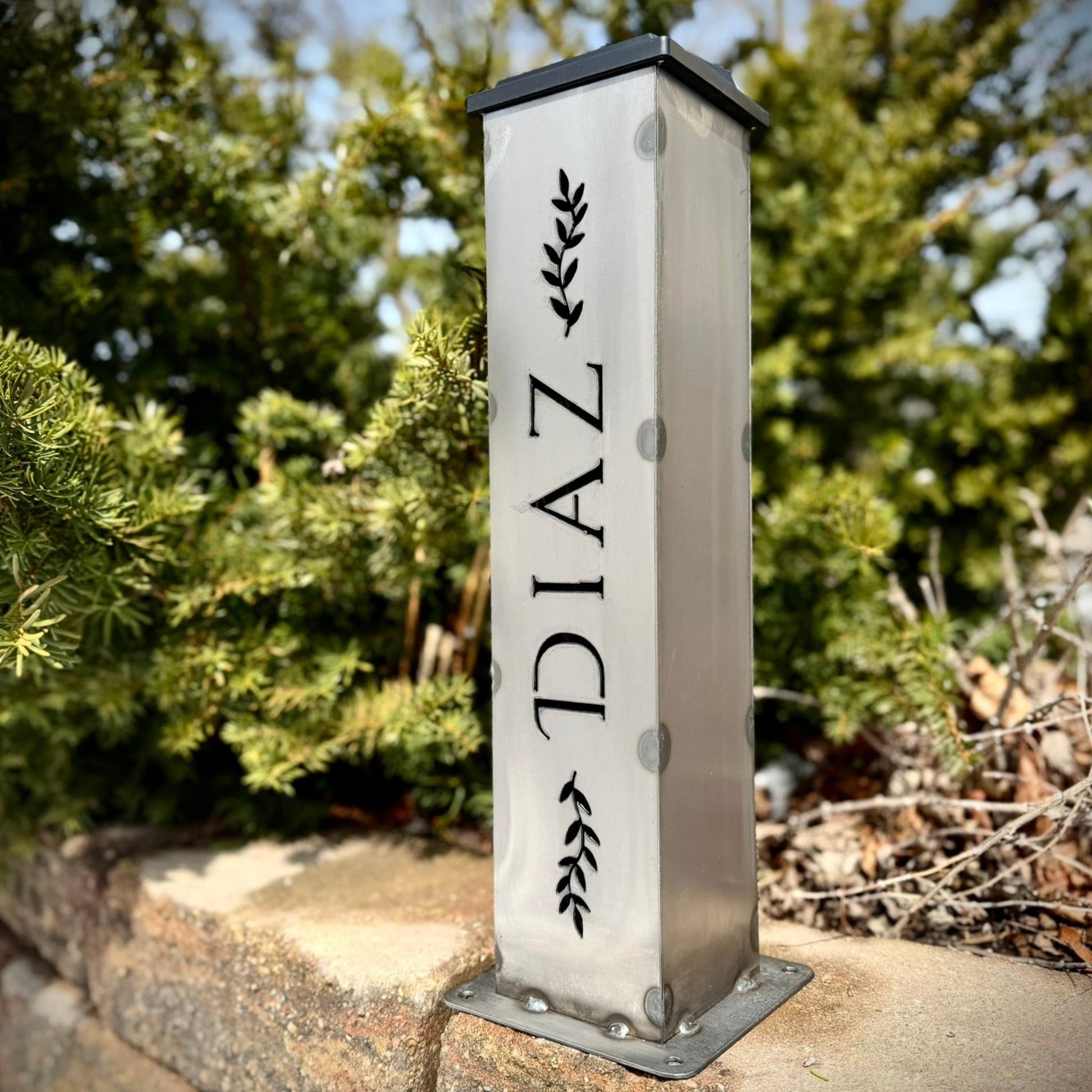 Personalized Vines Solar Pillar Light - Steel - address - address light - Northern Forge, LLC