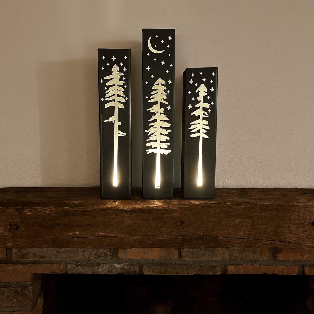 Pine Tree Night Sky Indoor Luminary | 12 - inch, 14 - inch, 16 - inch - christmas - christmas solar lights - Northern Forge, LLC