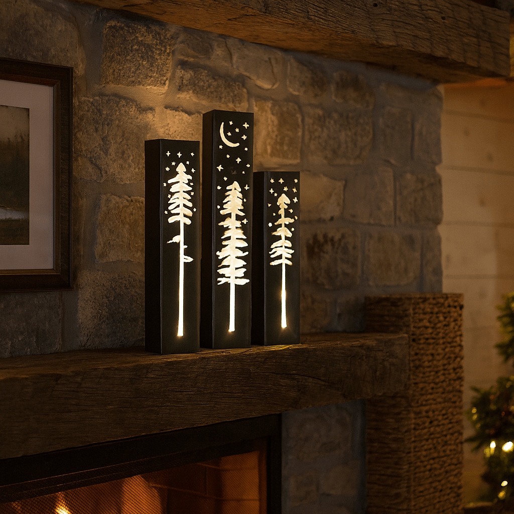 Pine Tree Night Sky Indoor Luminary | 12 - inch, 14 - inch, 16 - inch - christmas - christmas solar lights - Northern Forge, LLC