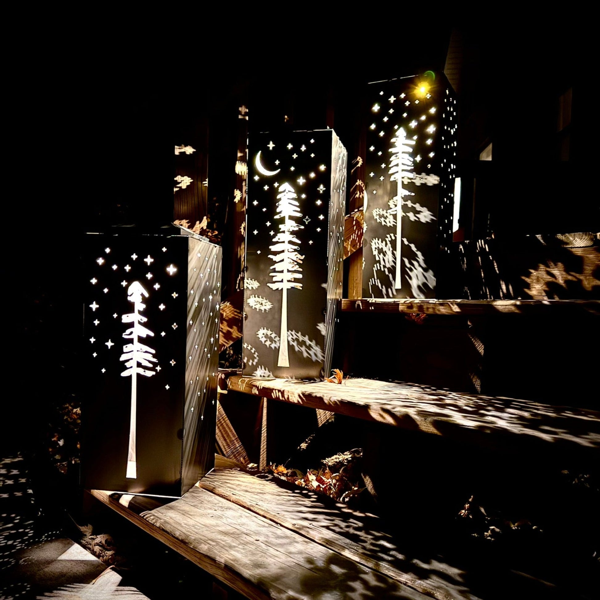 Pine Tree Night Sky Luminary Box w/ Solar Cap | 17 - inch, 20 - inch - Luminary tube - Mantel Lights - Northern Forge, LLC