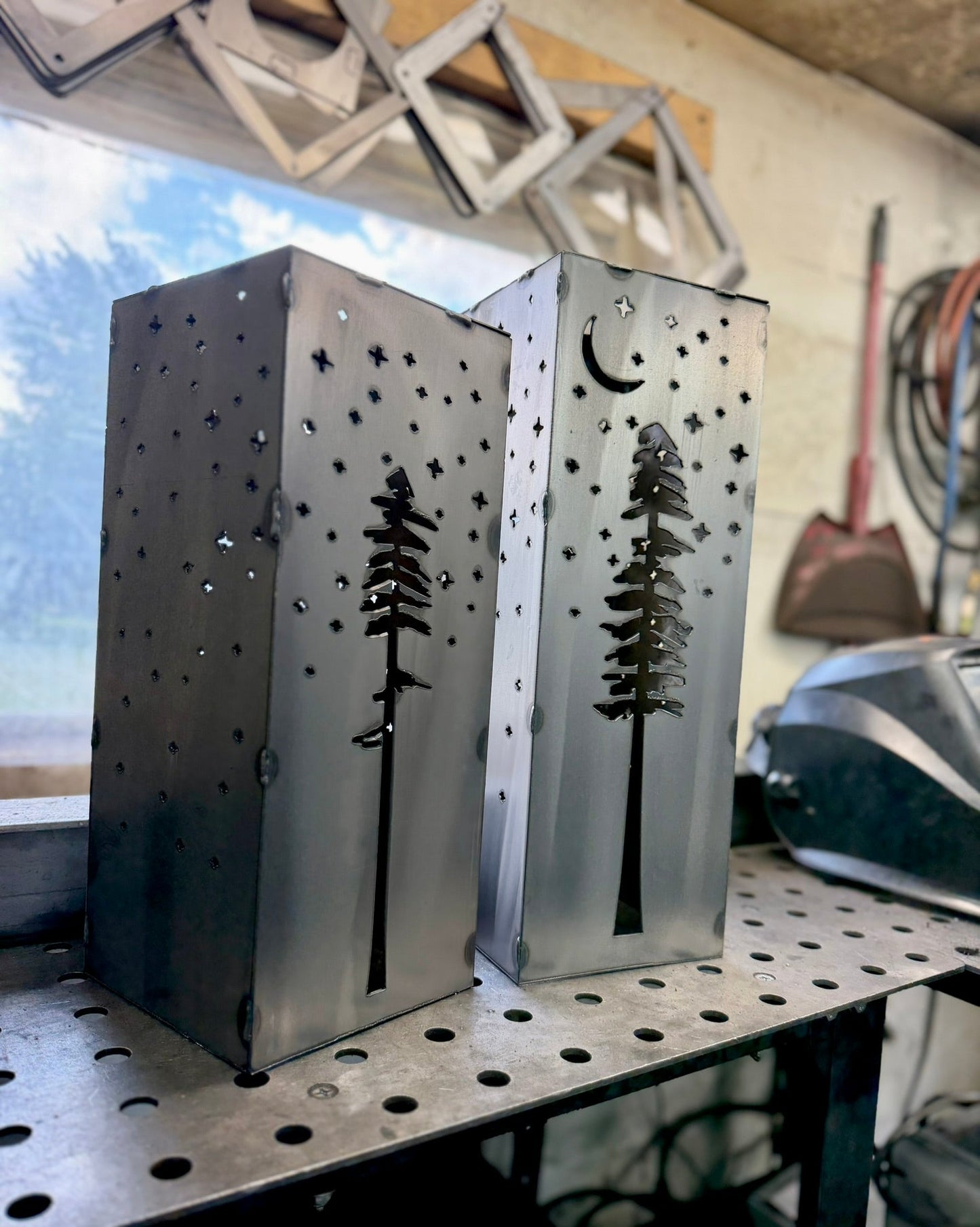 Pine Tree Night Sky Luminary Box w/ Solar Cap | 17-inch, 20-inch - Luminary tube - metal solar lights - Northern Forge, LLC