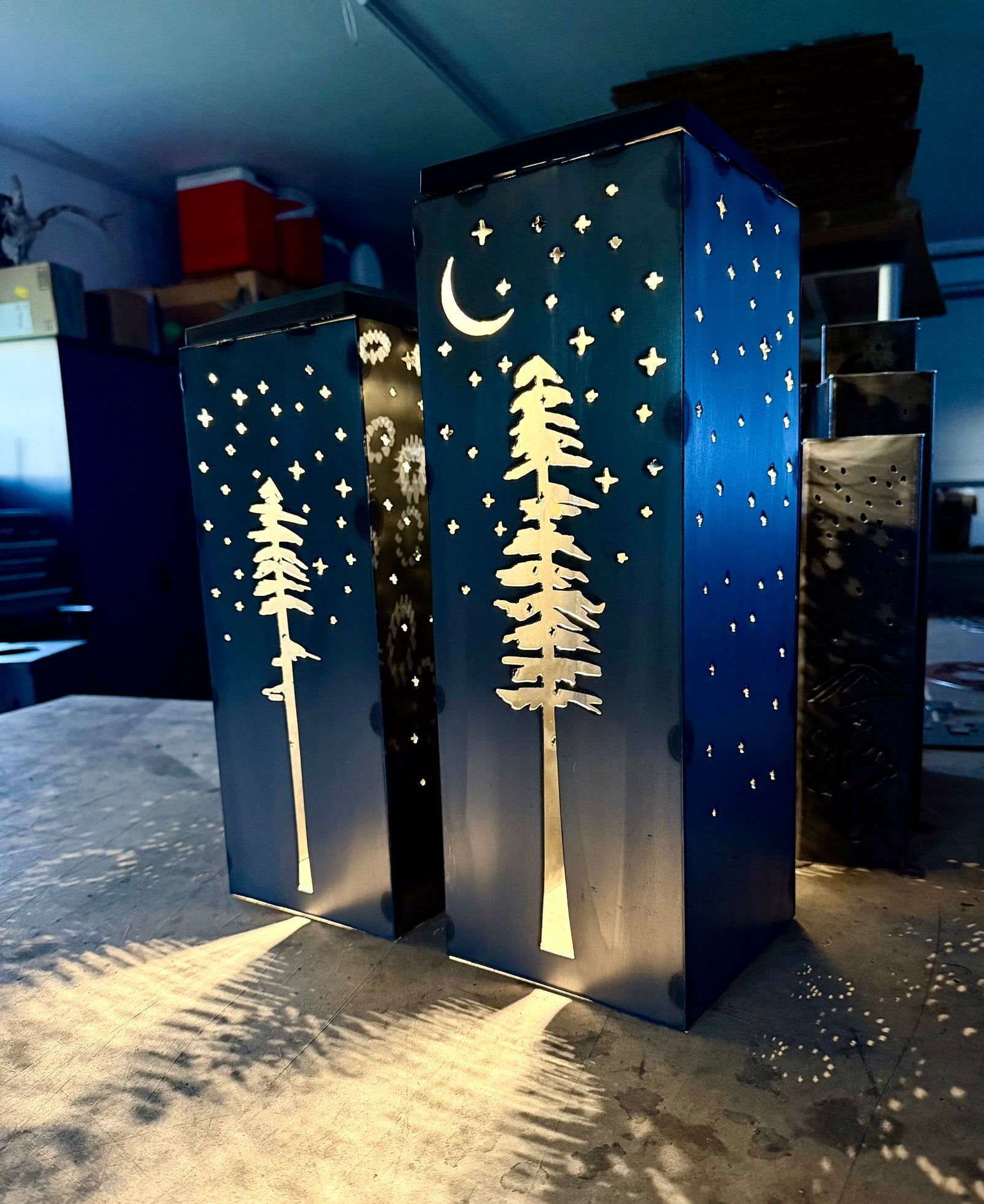 Pine Tree Night Sky Luminary Box w/ Solar Cap | 17-inch, 20-inch - Luminary tube - metal solar lights - Northern Forge, LLC