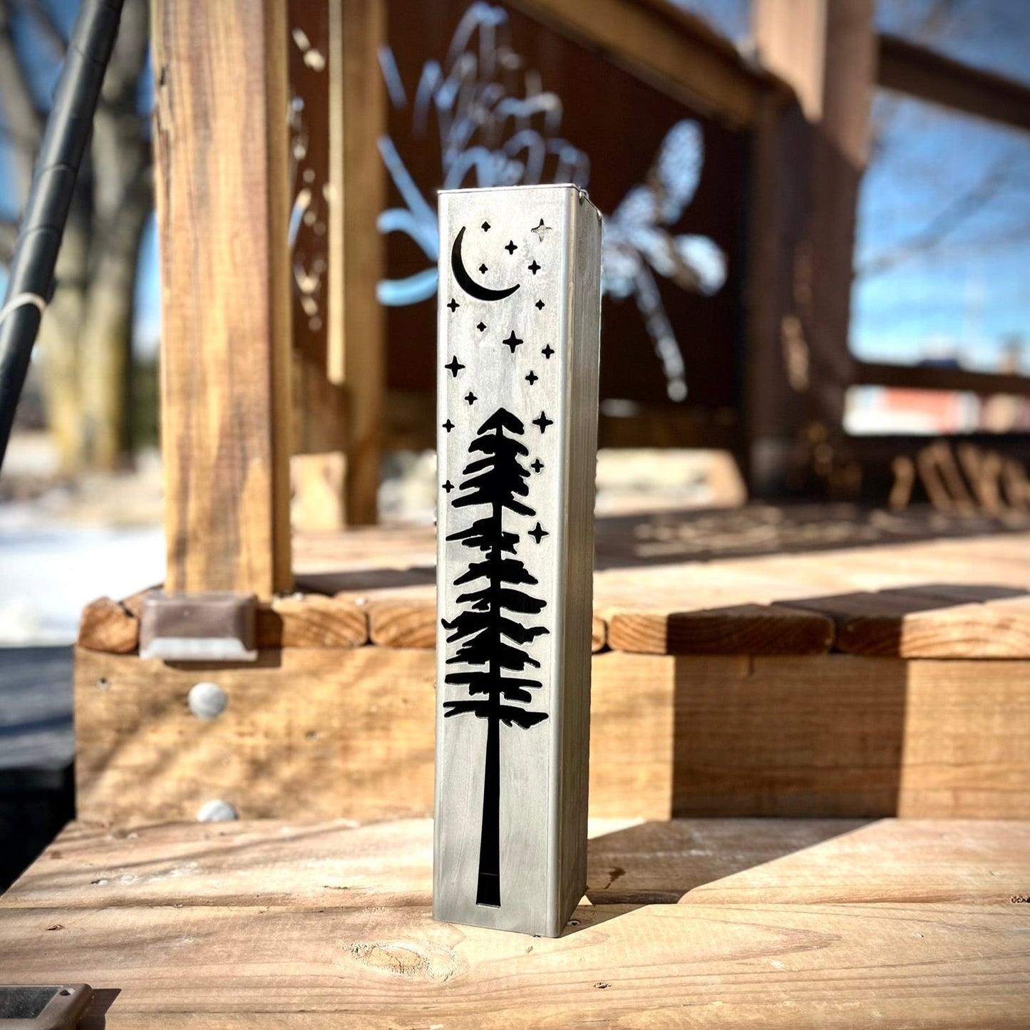 Pine Tree Night Sky Luminary Pillar w/ Solar Cap | 12 - inch, 14 - inch, 18 - inch - christmas - christmas solar lights - Northern Forge, LLC