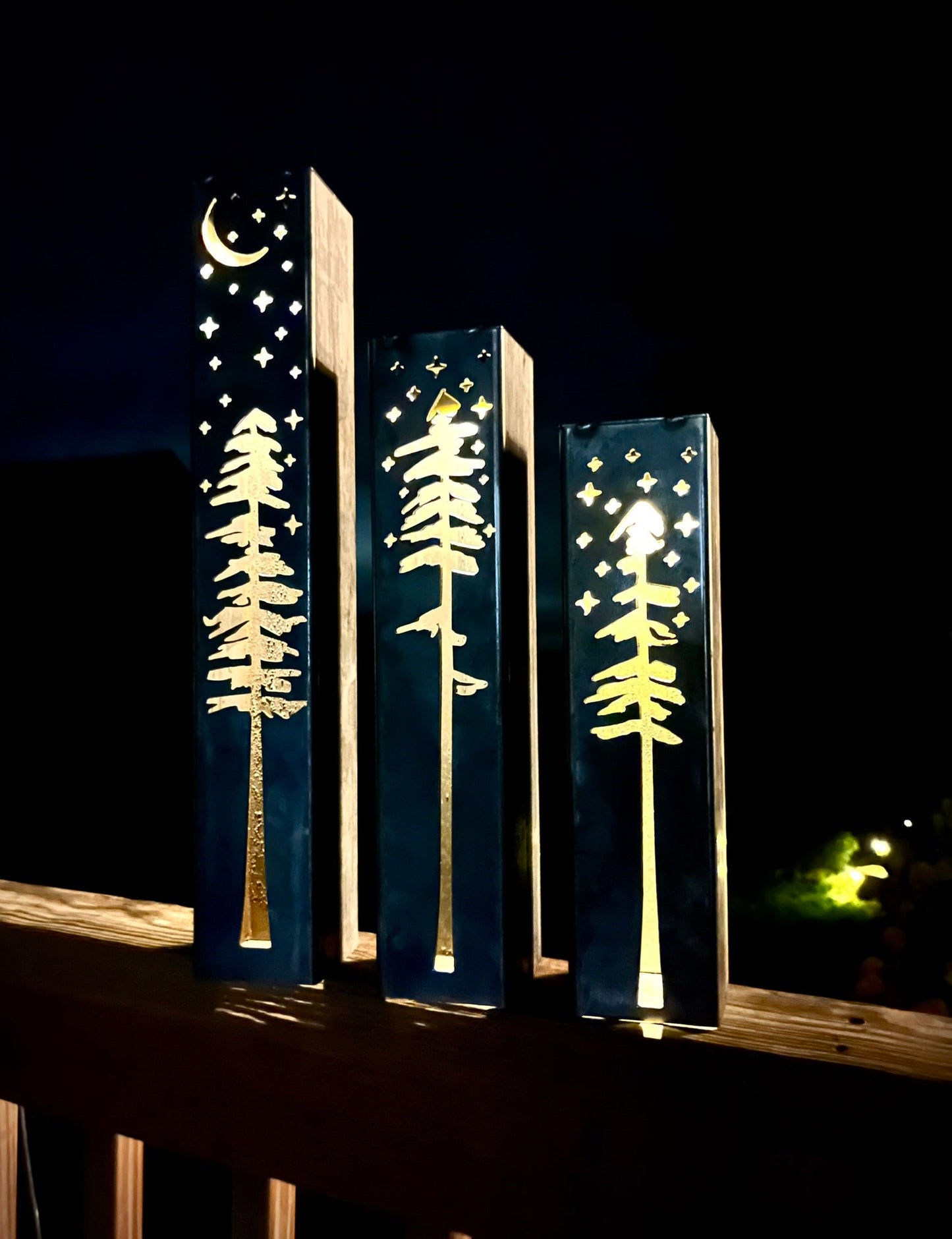 Pine Tree Night Sky Luminary Pillar w/ Solar Cap | 12 - inch, 14 - inch, 18 - inch - Luminary tube - Mantel Lights - Northern Forge, LLC