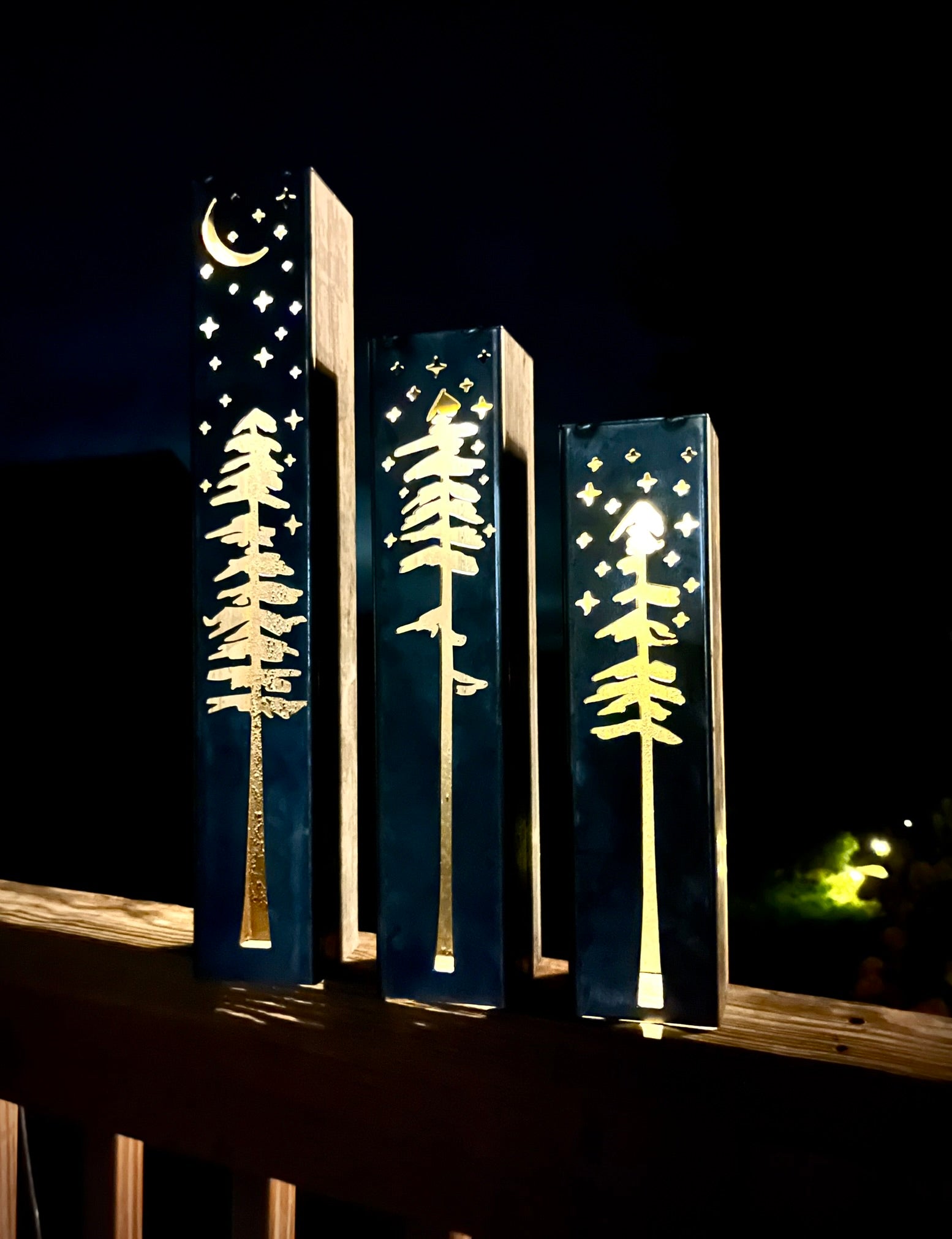 Pine Tree Night Sky Luminary Pillar w/ Solar Cap | 12 - inch, 14 - inch, 18 - inch - Luminary tube - Mantel Lights - Northern Forge, LLC