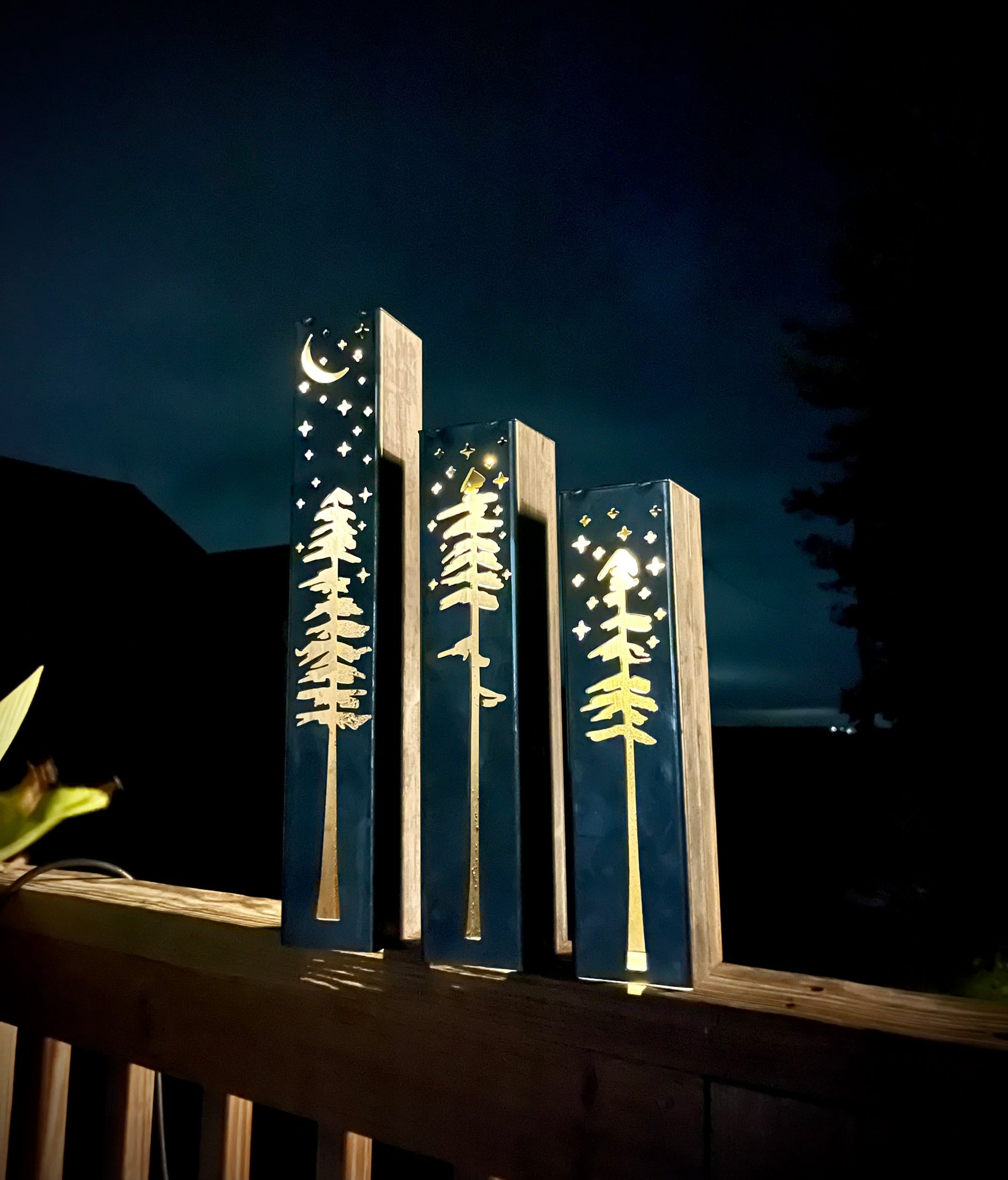 Pine Tree Night Sky Luminary Pillar w/ Solar Cap | 12 - inch, 14 - inch, 18 - inch - Luminary tube - Mantel Lights - Northern Forge, LLC