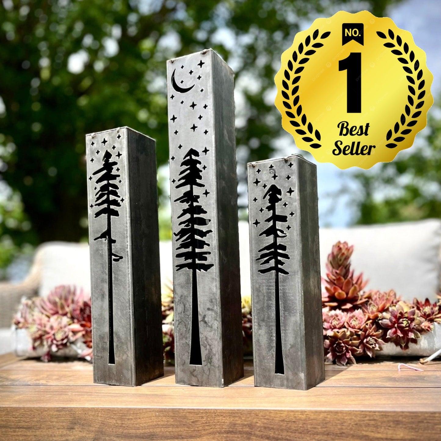 Pine Tree Night Sky Luminary Pillars w/ Solar Cap - christmas - christmas solar lights - Northern Forge, LLC