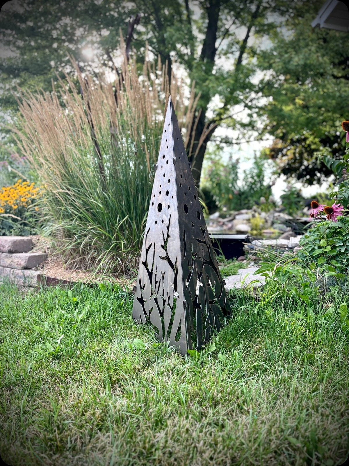 Pyramid Luminary with Solar Lights | Raw Finish | 44 in. - accent lights - garden pyramid - Northern Forge, LLC