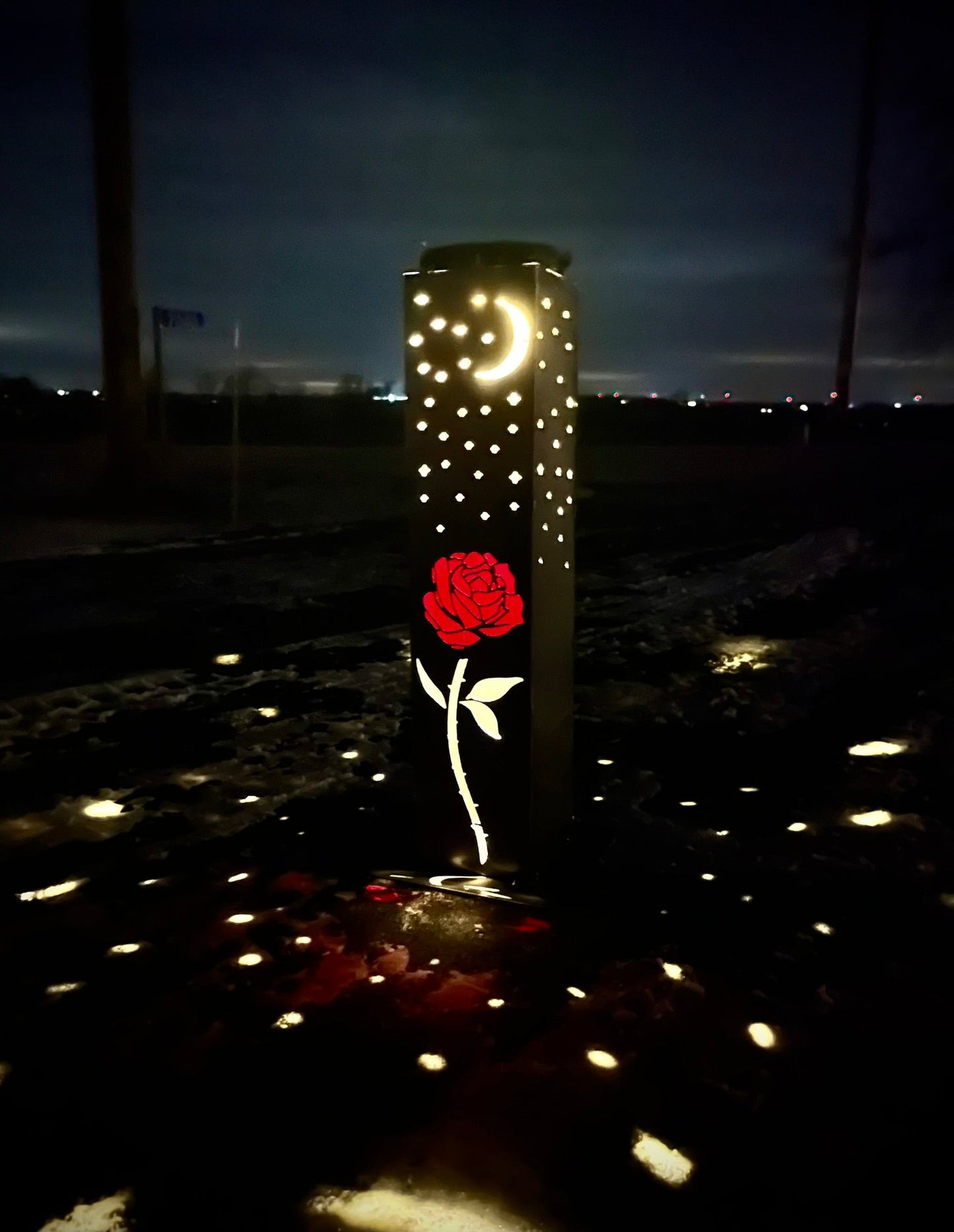 Rose & Stars Solar Pillar Luminary - Steel - angel wings cemetary - angel wings for grave - Northern Forge, LLC