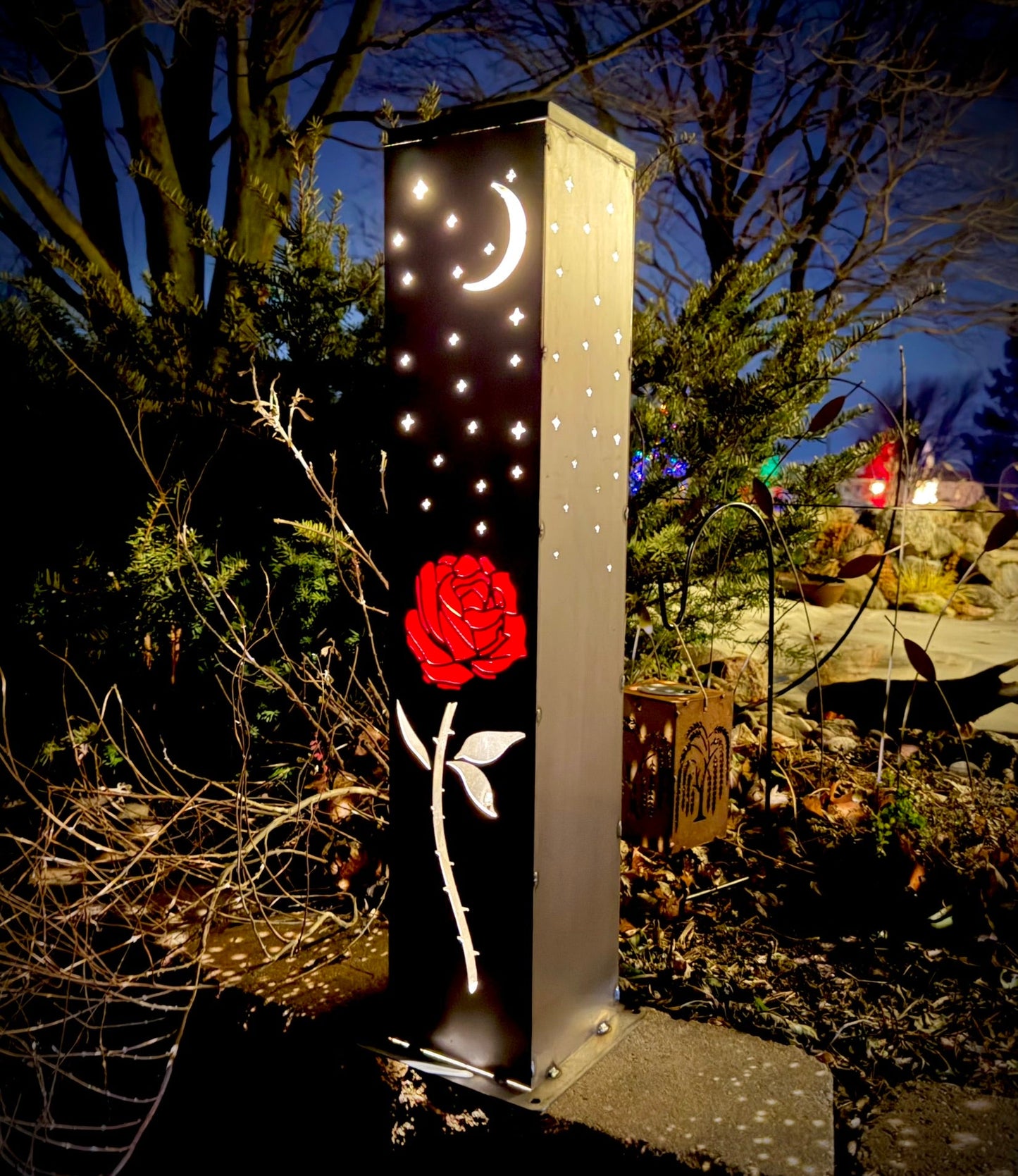 Rose & Stars Solar Pillar Luminary - Steel - angel wings cemetary - angel wings for grave - Northern Forge, LLC