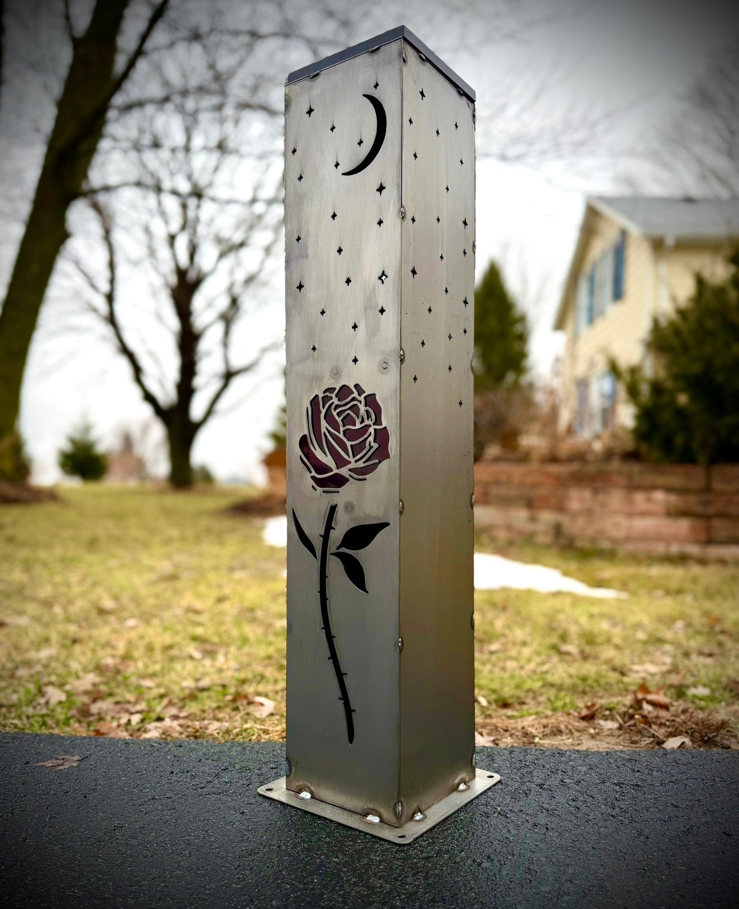 Rose & Stars Solar Pillar Luminary - Steel - angel wings cemetary - angel wings for grave - Northern Forge, LLC