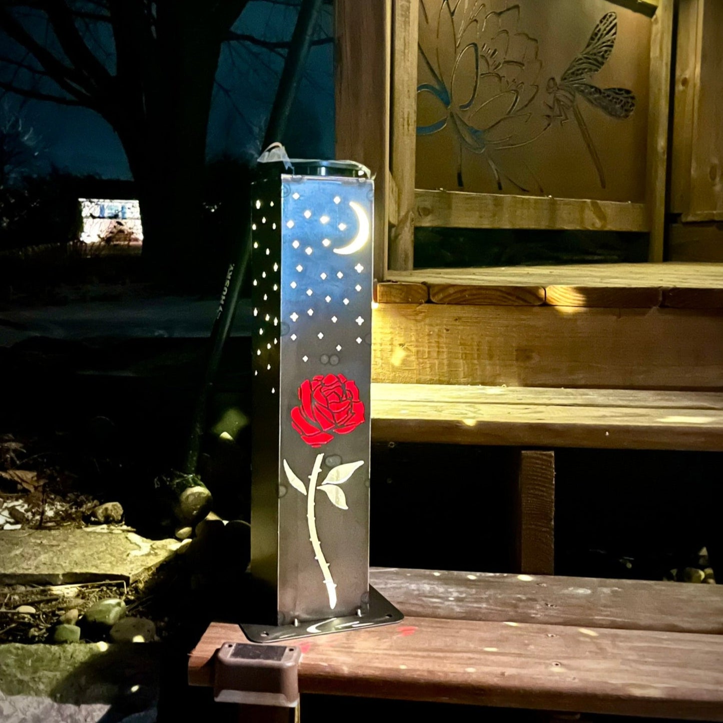 Rose & Stars Solar Pillar Luminary - Steel - angel wings cemetary - angel wings for grave - Northern Forge, LLC