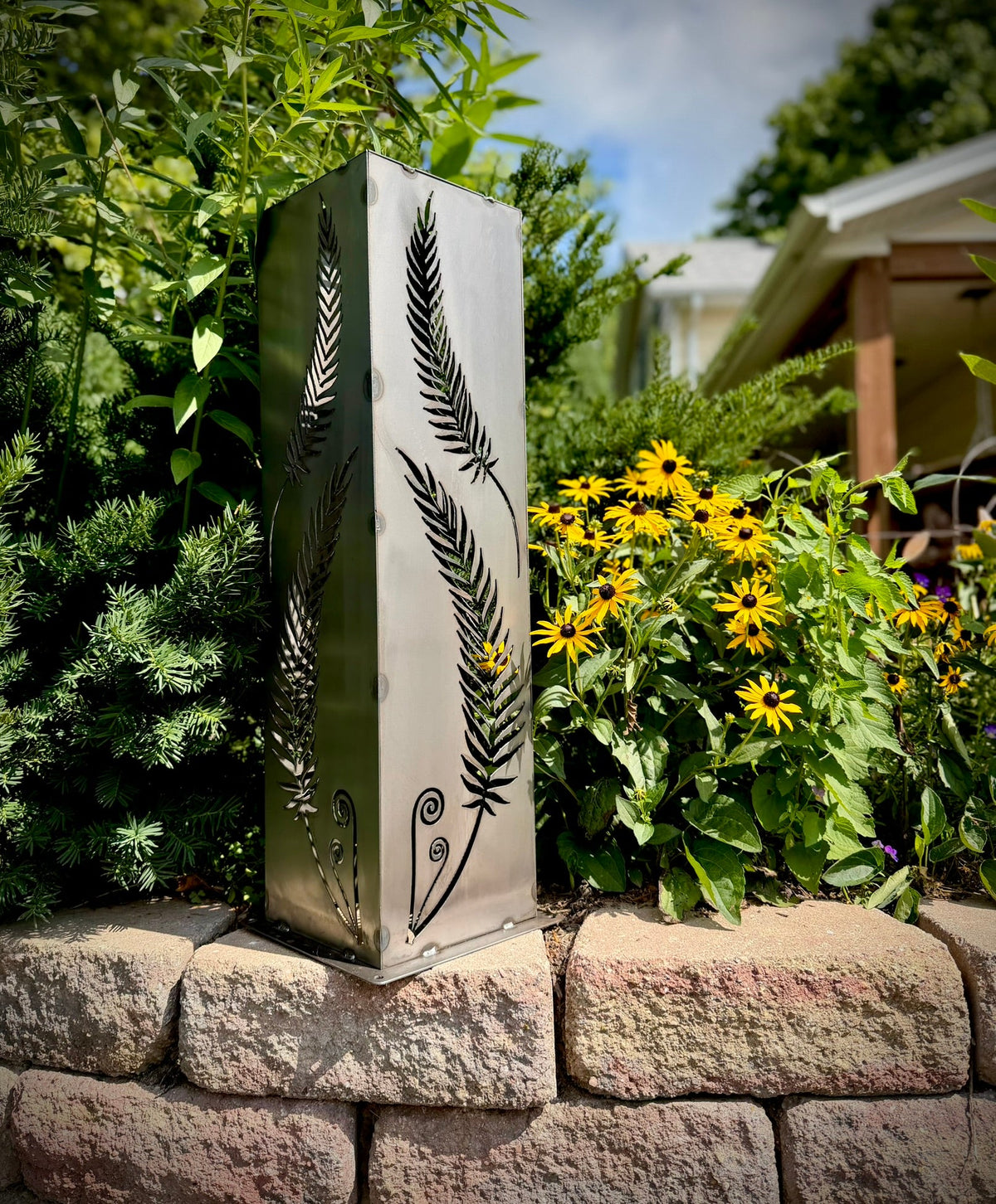 Rustic Metal Fern Luminary | Garden Column - cabin decor - fern garden column - Northern Forge, LLC