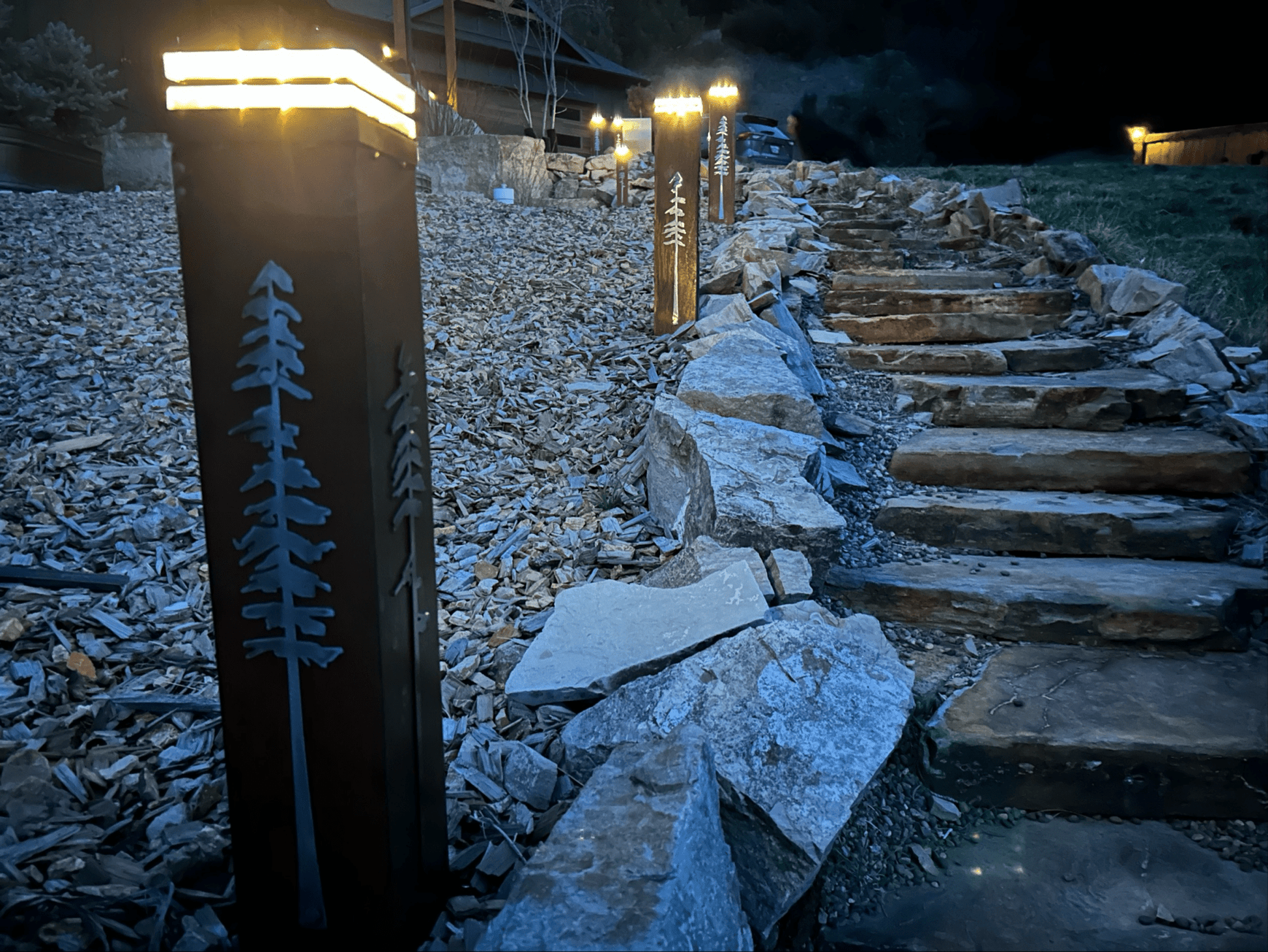 Rustic Pine Tree Walkway Solar Pillar - Rusted Steel - garden - garden art - Northern Forge, LLC