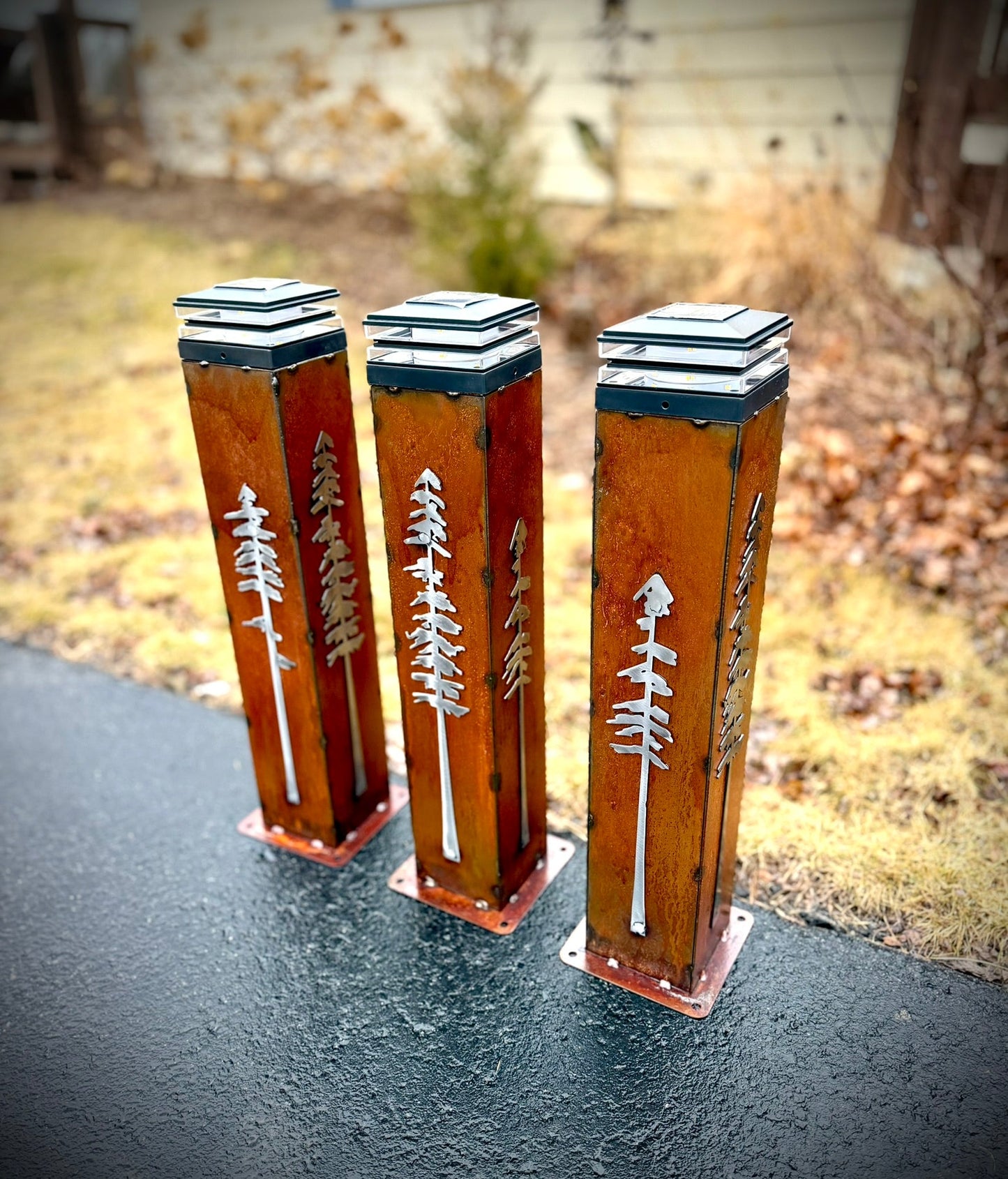 Rustic Pine Tree Walkway Solar Pillar - Rusted Steel - garden - garden art - Northern Forge, LLC