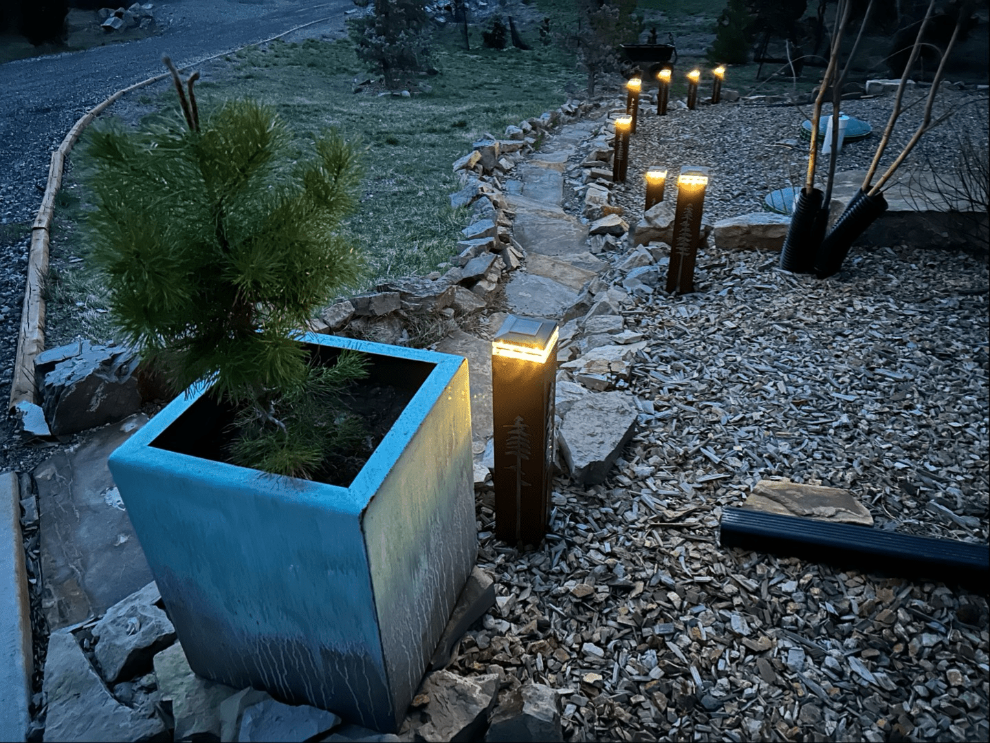 Rustic Pine Tree Walkway Solar Pillar - Rusted Steel - garden - garden art - Northern Forge, LLC