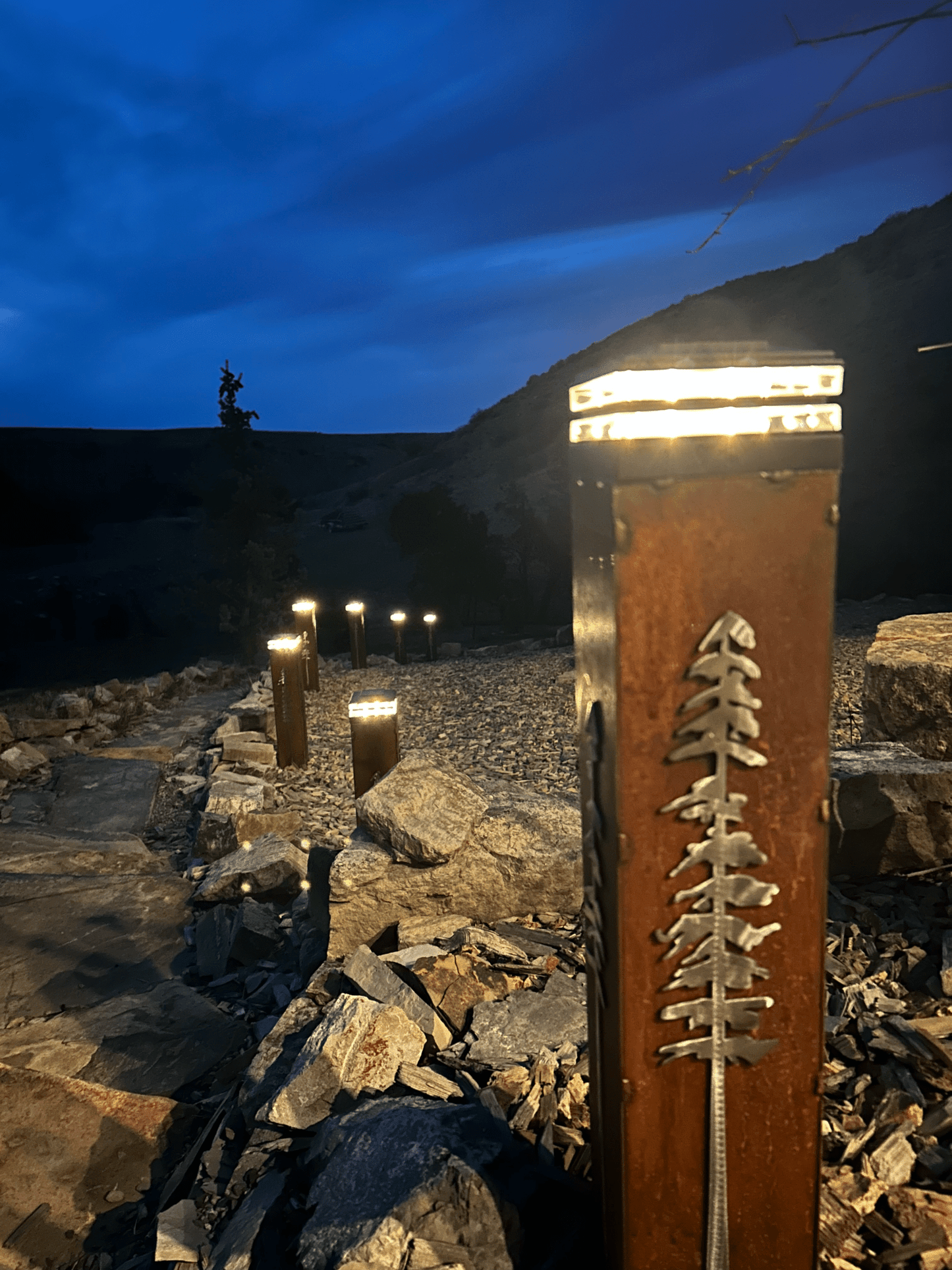 Rustic Pine Tree Walkway Solar Pillar - Rusted Steel - garden - garden art - Northern Forge, LLC
