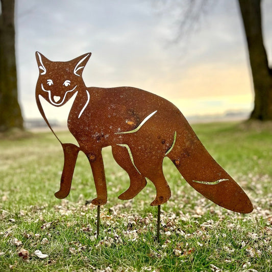 Rusty Metal Fox with Ground Stake - chicken yard art - fox ground stake - Northern Forge, LLC