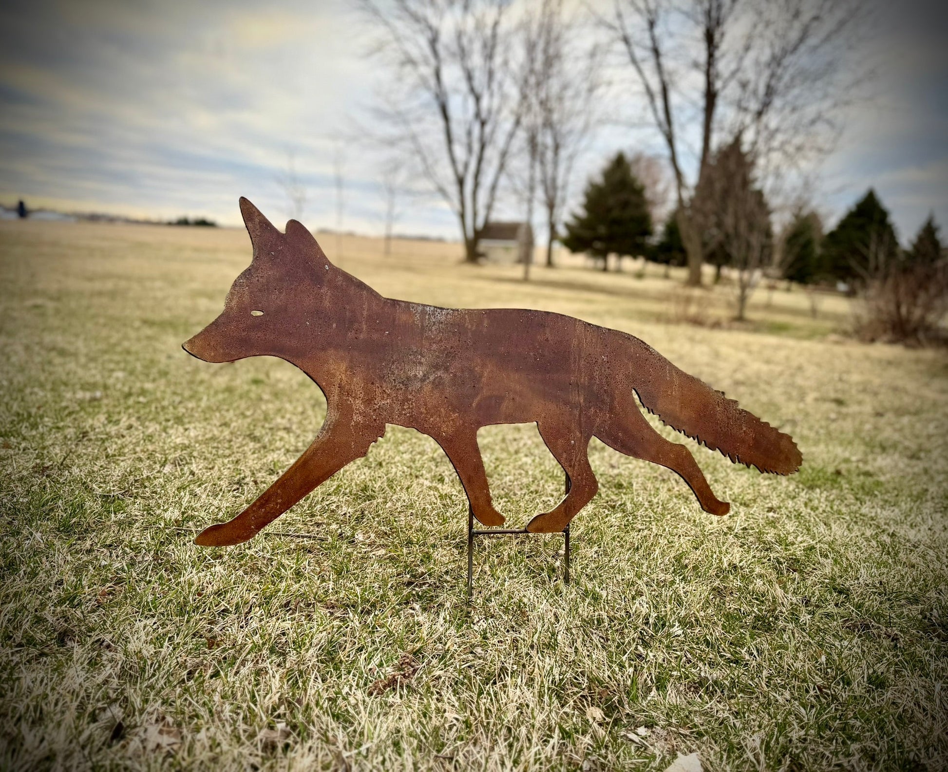 Rusty Metal Fox with Ground Stake - fox ground stake - fox yard art - Northern Forge, LLC