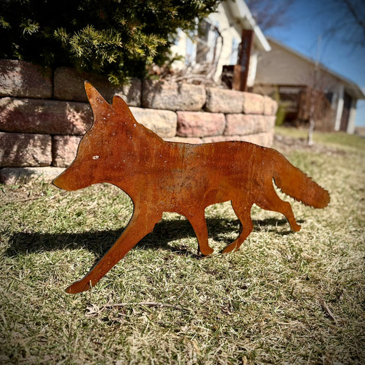 Rusty Metal Fox with Ground Stake - fox ground stake - fox yard art - Northern Forge, LLC