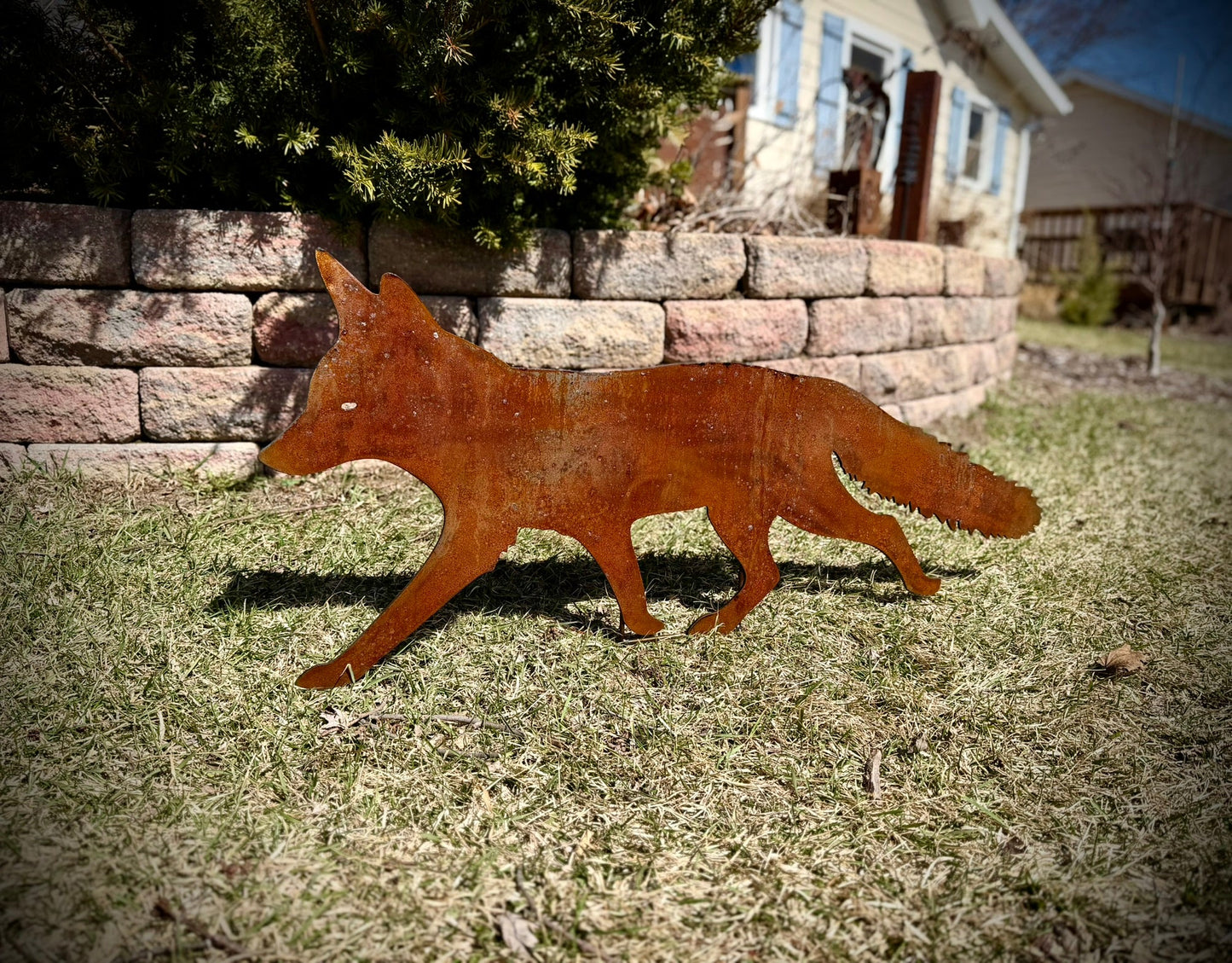 Rusty Metal Fox with Ground Stake - fox ground stake - fox yard art - Northern Forge, LLC