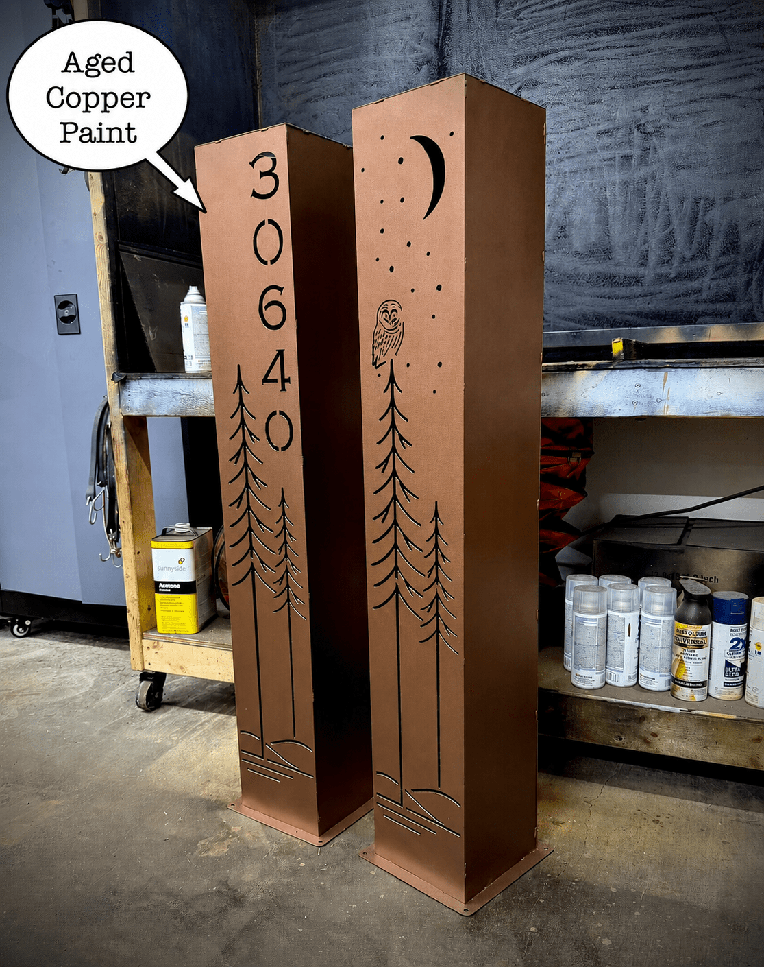 Simple Pine Owl Solar Pillar - Steel - Corten Available - copper pillar - corten pillar - Northern Forge, LLC