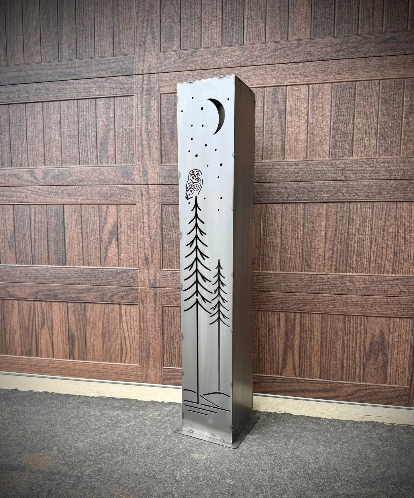 Simple Pine Owl Solar Pillar - Steel - Corten Available - copper pillar - corten pillar - Northern Forge, LLC