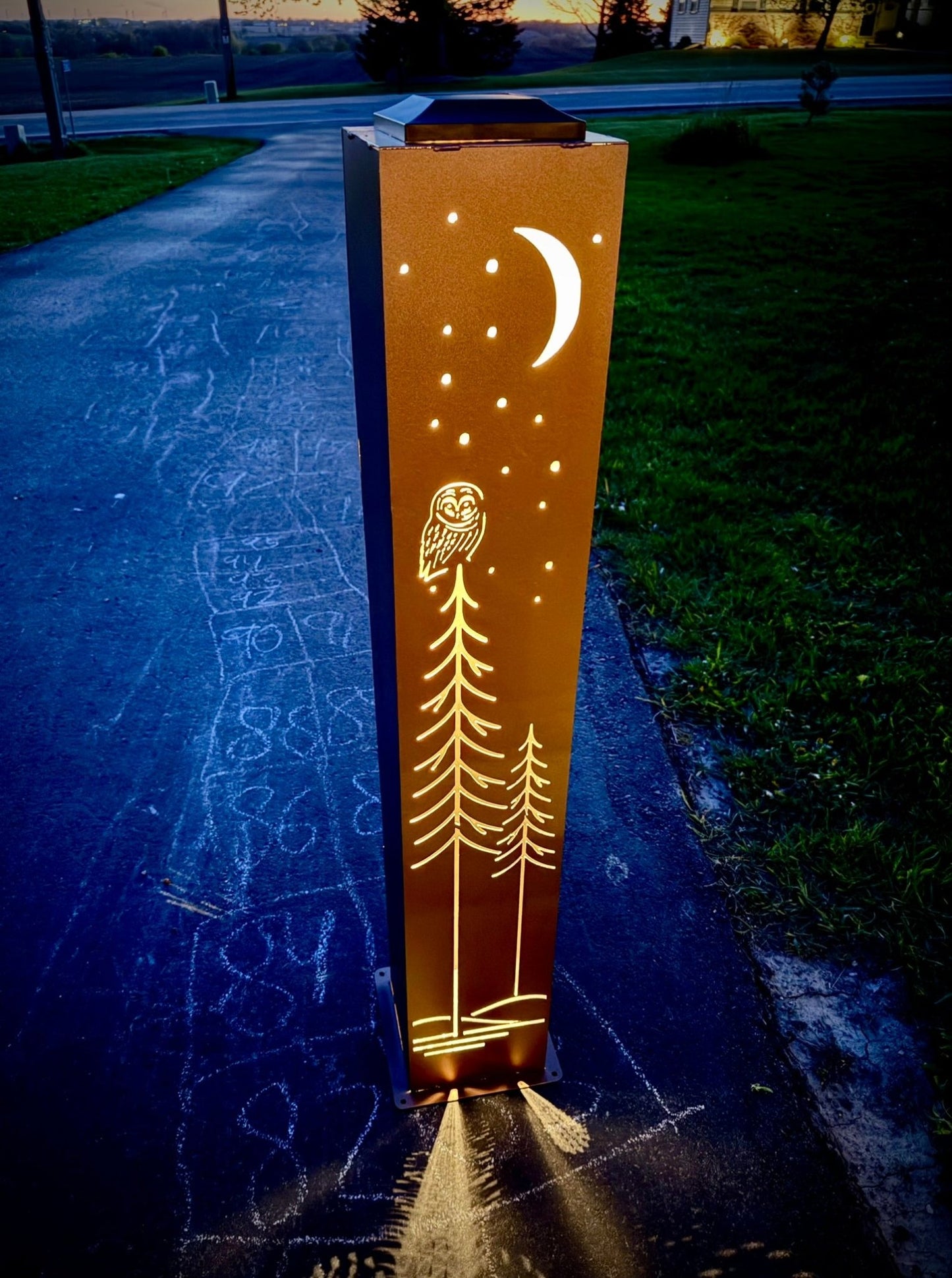 Simple Pine Owl Solar Pillar - Steel - Corten Available - copper pillar - corten pillar - Northern Forge, LLC