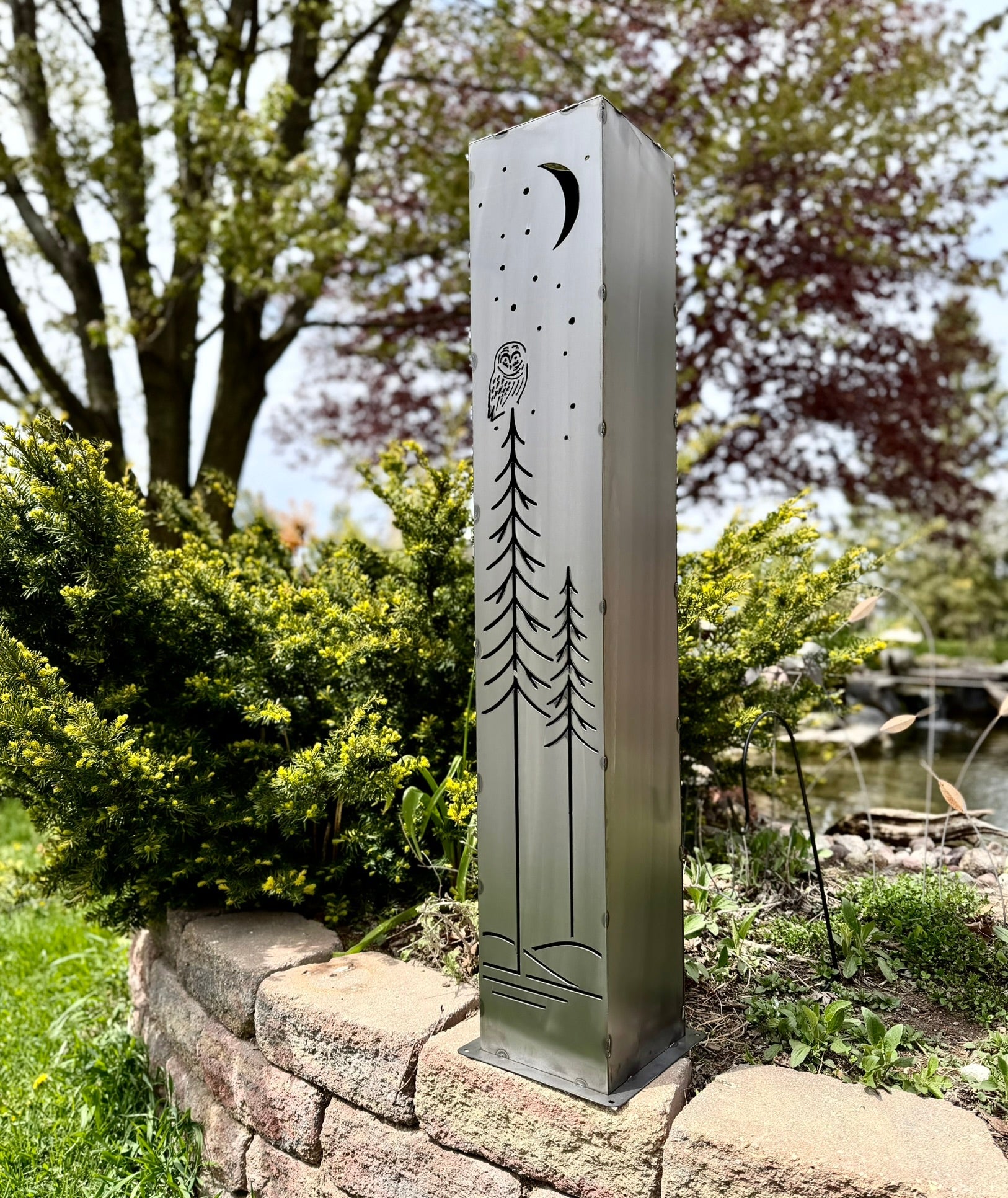 Simple Pine Owl Solar Pillar - Steel - Corten Available - copper pillar - corten pillar - Northern Forge, LLC