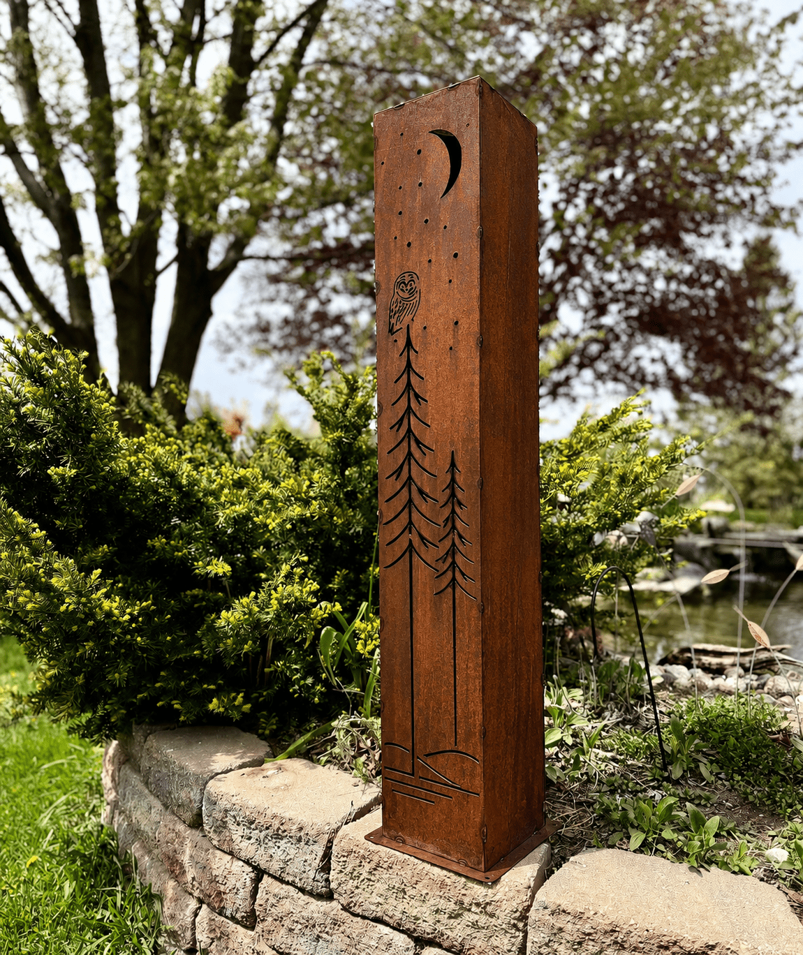 Simple Pine Owl Solar Pillar - Steel - Corten Available - copper pillar - corten pillar - Northern Forge, LLC