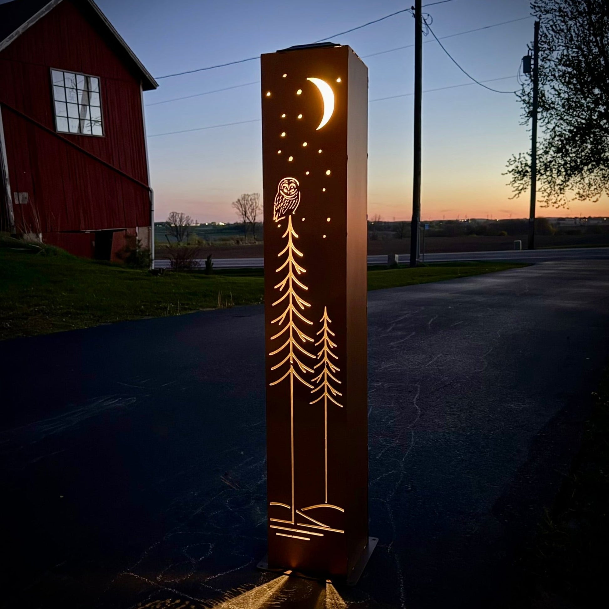 Simple Pine Owl Solar Pillar - Steel - Corten Available - copper pillar - corten pillar - Northern Forge, LLC