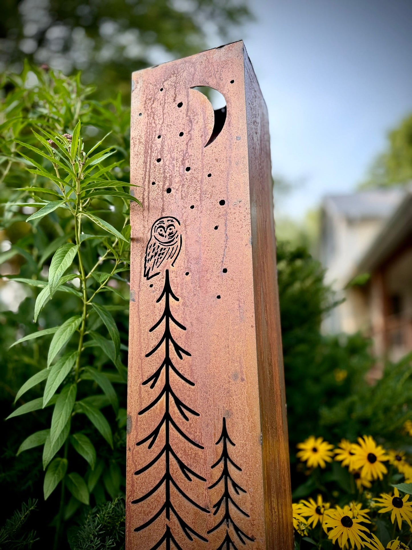 Simple Pines Owl Solar Pillar - Steel - Corten Available - copper pillar - corten pillar - Northern Forge, LLC