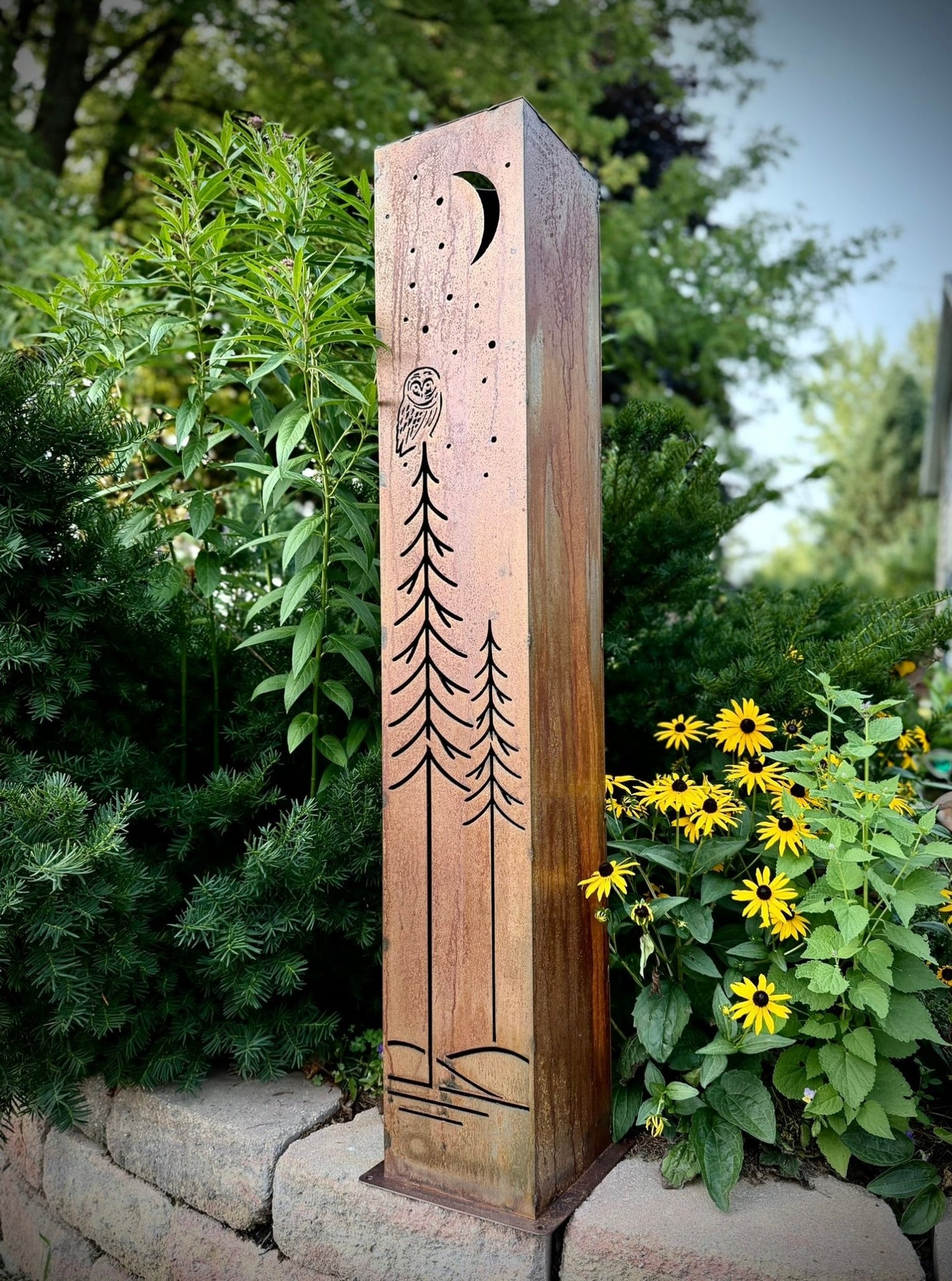 Simple Pines Owl Solar Pillar - Steel - Corten Available - copper pillar - corten pillar - Northern Forge, LLC