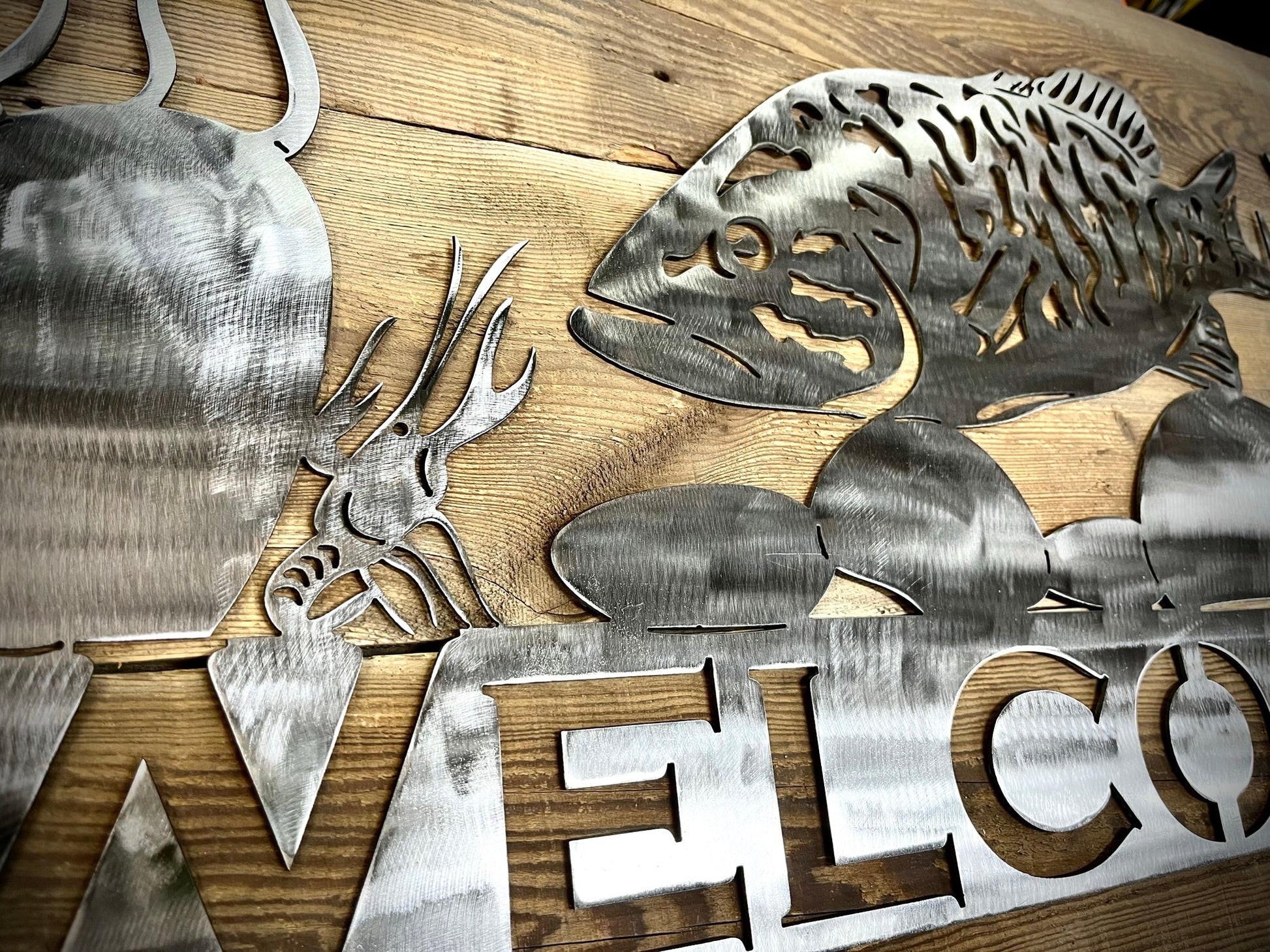 Smallmouth Bass Crayfish Welcome Sign - Steel 32 - inch - cabin sign - fish - Northern Forge, LLC