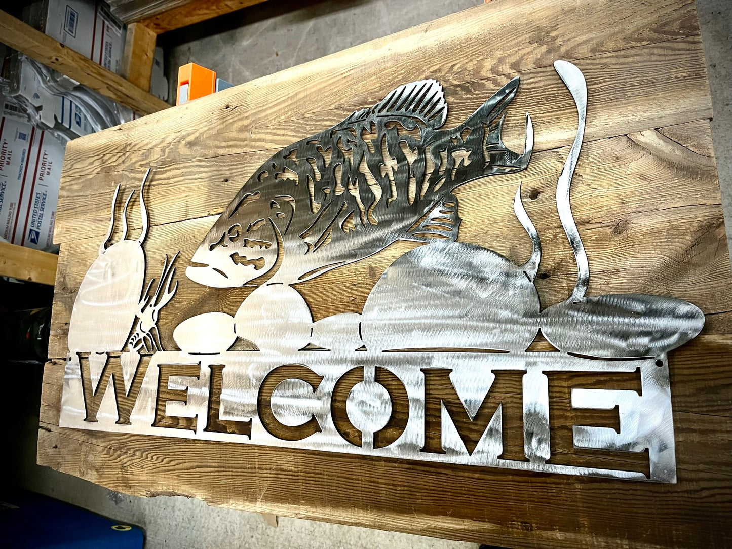 Smallmouth Bass Crayfish Welcome Sign - Steel 32 - inch - cabin sign - fish - Northern Forge, LLC