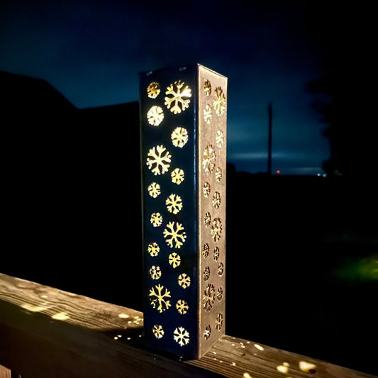 Snowflake Steel Solar Luminary Pillar | 12 in. - christmas - christmas solar light - Northern Forge, LLC